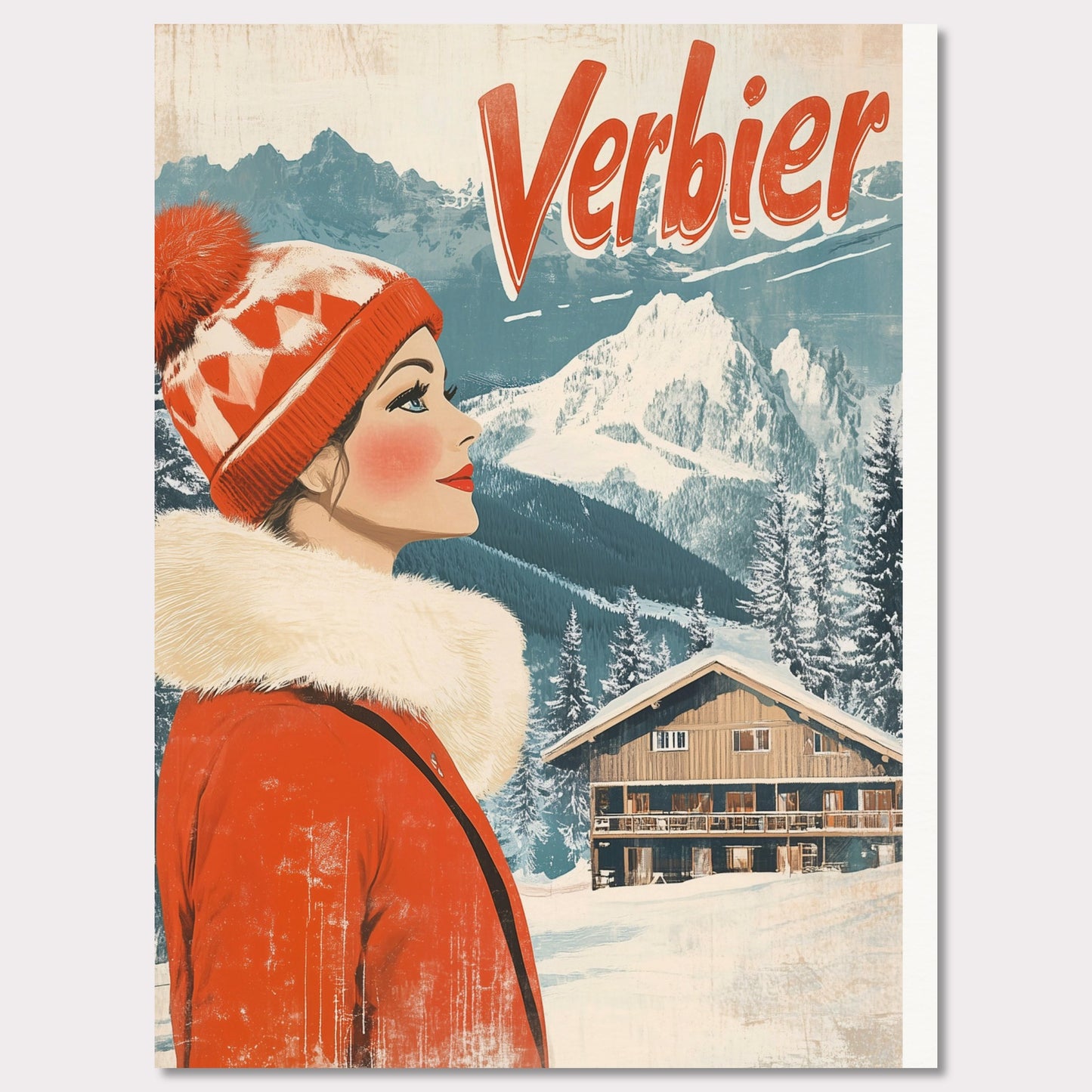 This elegant retro-style poster features a woman in a stylish red winter coat and pom-pom hat, looking towards the majestic Verbier mountains. The soft pastel tones and crisp white snow provide a serene backdrop, while the vintage design and typography evoke a sense of sophistication and timeless charm. The poster conveys the allure of Verbier as both an adventure and a refined escape into nature’s beauty.