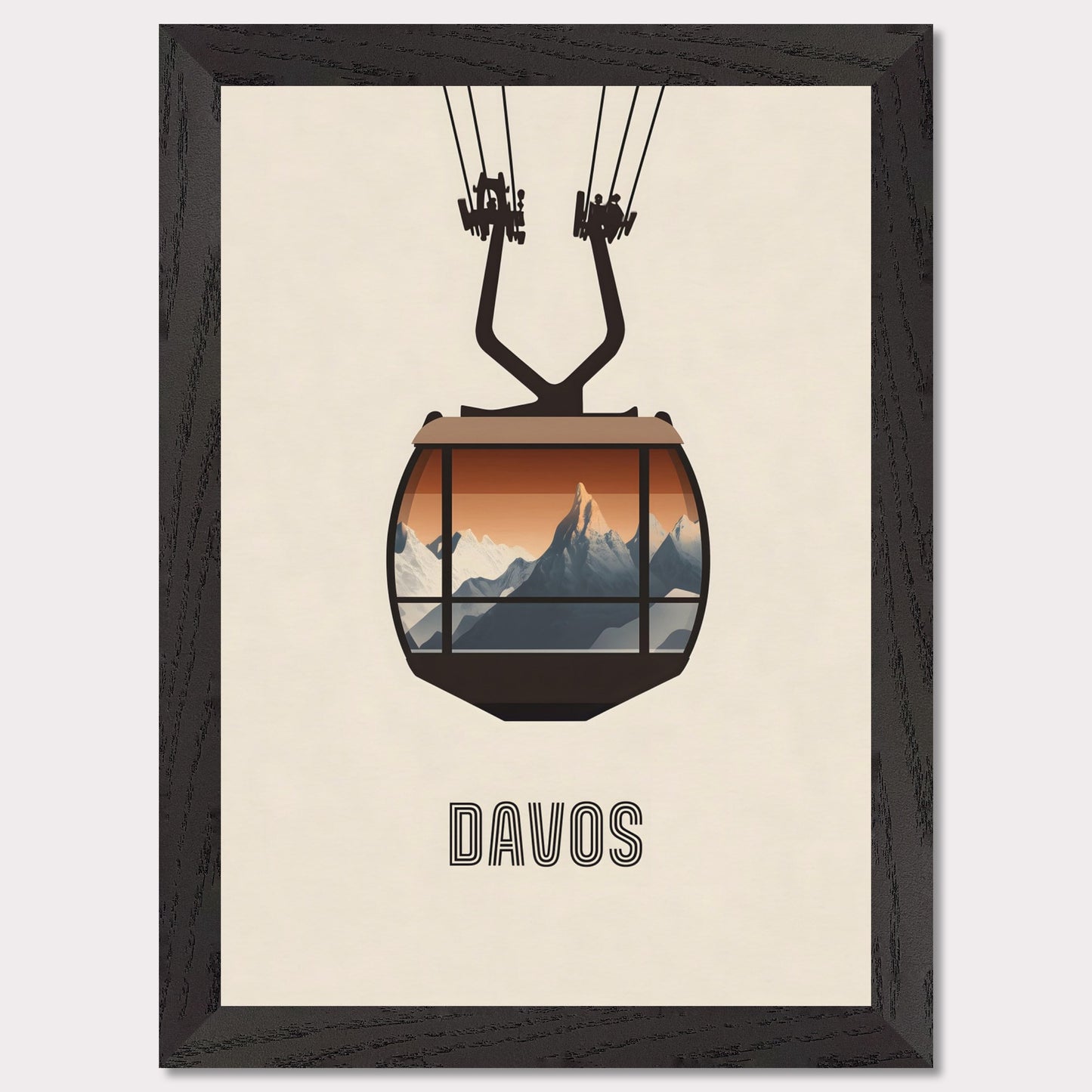 A striking minimalist poster featuring a cable car with a breathtaking view of the Swiss Alps. The warm tones contrast with the cool mountain peaks, evoking the excitement of alpine adventures.