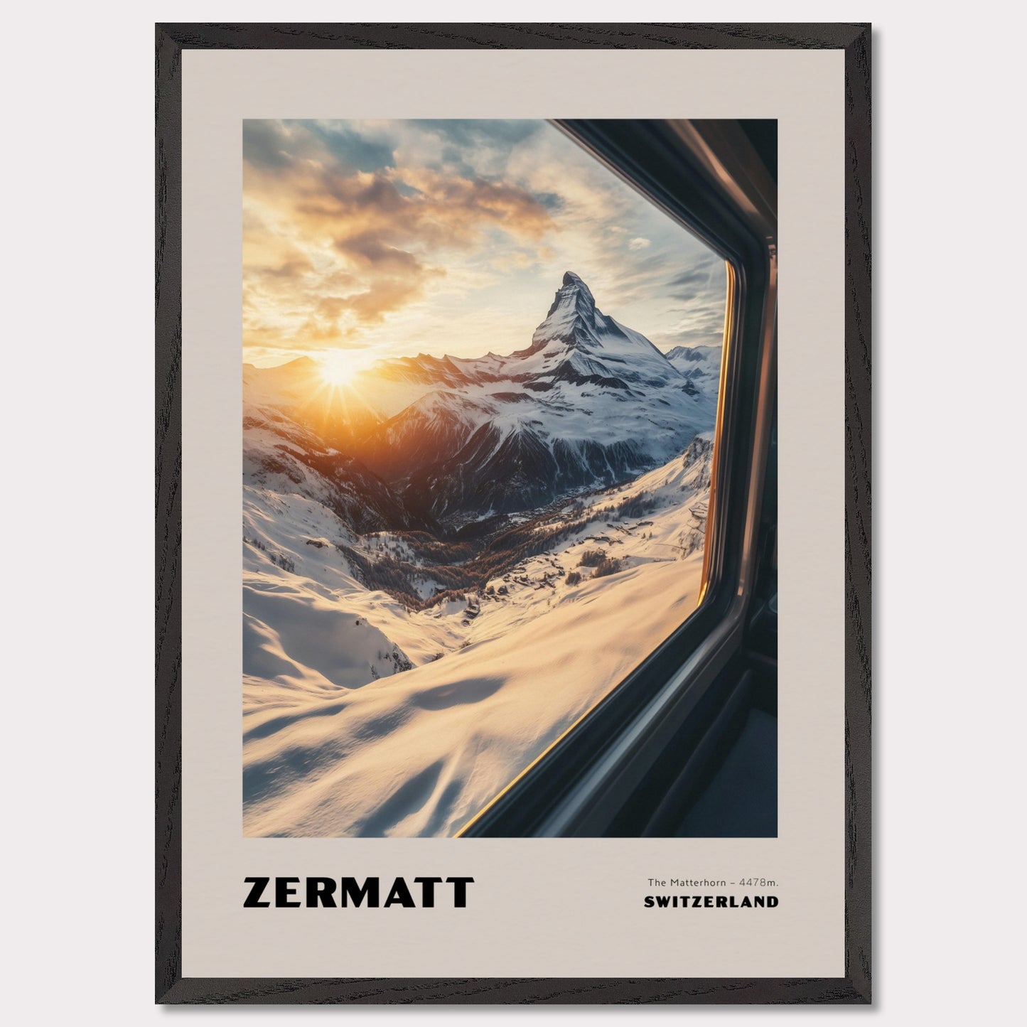 A stunning view of the Matterhorn bathed in golden sunset hues. Towering at 4478 meters, this legendary mountain has always drawn adventurers and travelers. The warm colors of the sunset create an extraordinary atmosphere, while the snow-covered slopes emphasize the purity and majesty of nature.