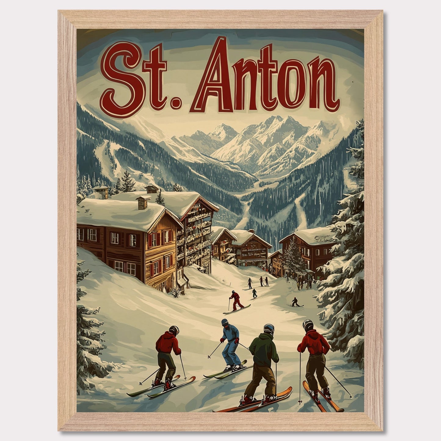 This stunning vintage-inspired poster depicts the idyllic town of St. Anton nestled beneath towering snow-capped peaks. The ski slopes are alive with activity, with skiers descending toward the charming wooden chalets. The warm hues in the sky add a sense of tranquility to the winter landscape, while the retro typography and art style transport the viewer to a time when winter holidays in the Alps were the height of elegance and adventure.