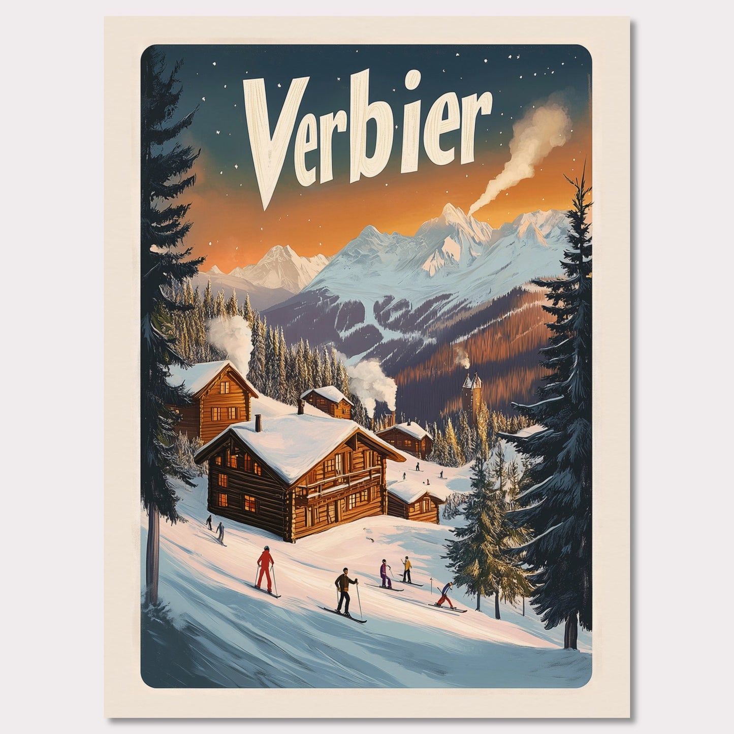 This captivating poster encapsulates the serene beauty of Verbier, with its snow-covered chalets nestled against a backdrop of fiery alpine sunsets. The scene showcases the perfect blend of adventure and tranquility, featuring skiers gliding down gentle slopes surrounded by towering pine trees and a distant view of a majestic mountain range. The soft, glowing hues of the evening sky bring warmth to this winter wonderland.