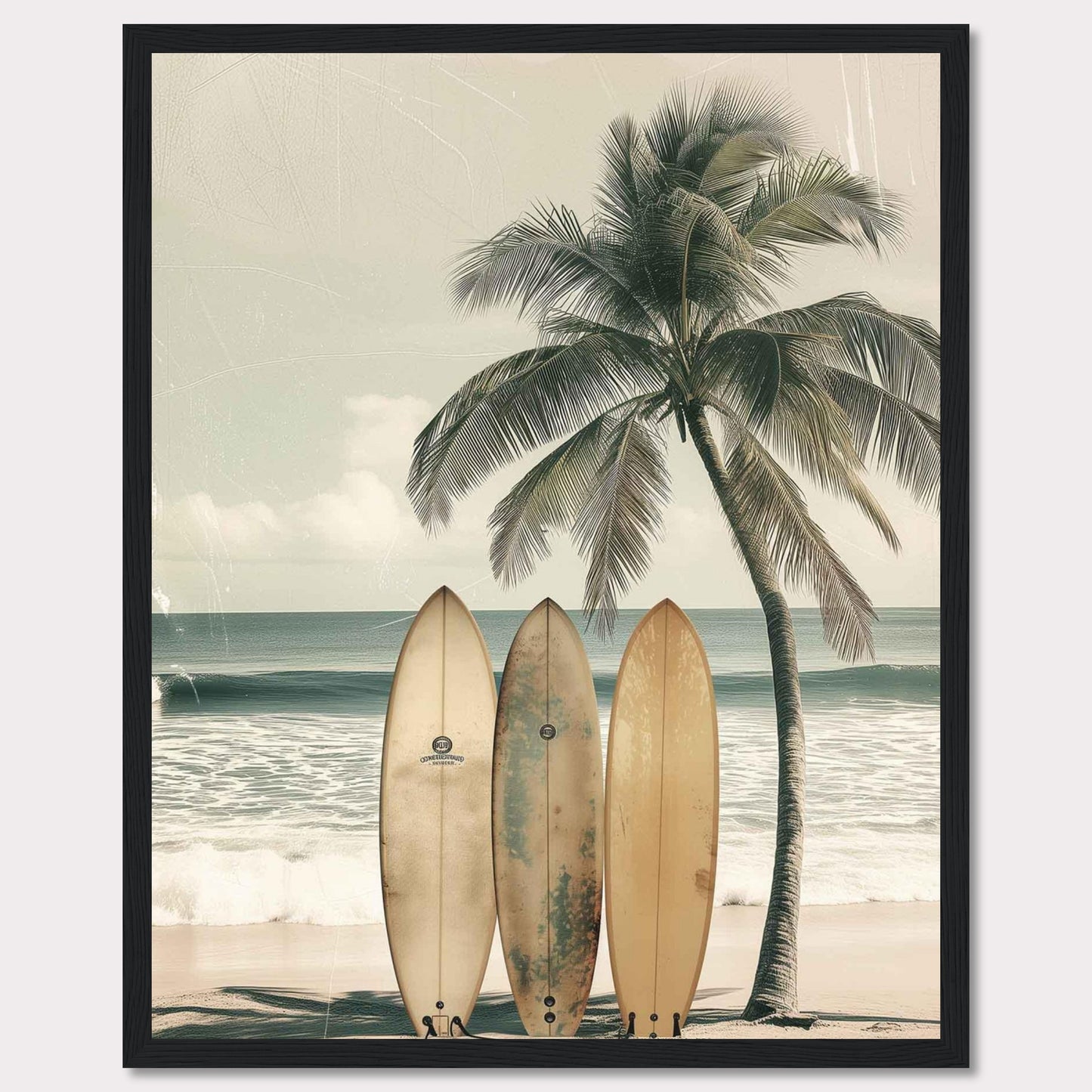 This captivating image features a serene beach scene with three surfboards leaning against a tall, swaying palm tree. The tranquil ocean waves and a clear sky in the background evoke a sense of calm and adventure.