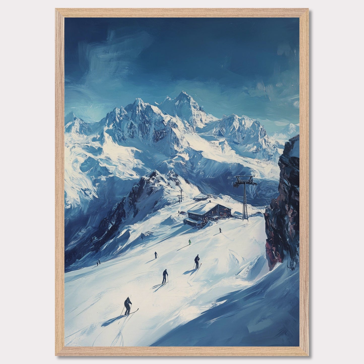 This vibrant, retro-style poster captures the excitement of skiing through the Swiss Alps, with skiers navigating fresh powder beneath towering, snow-covered peaks. The vast landscape and the thrill of the descent evoke a sense of freedom and adventure. The vintage typography and warm colors enhance the adventurous spirit, making it a perfect invitation to explore the slopes of the Swiss Alps and experience the rush of alpine skiing.