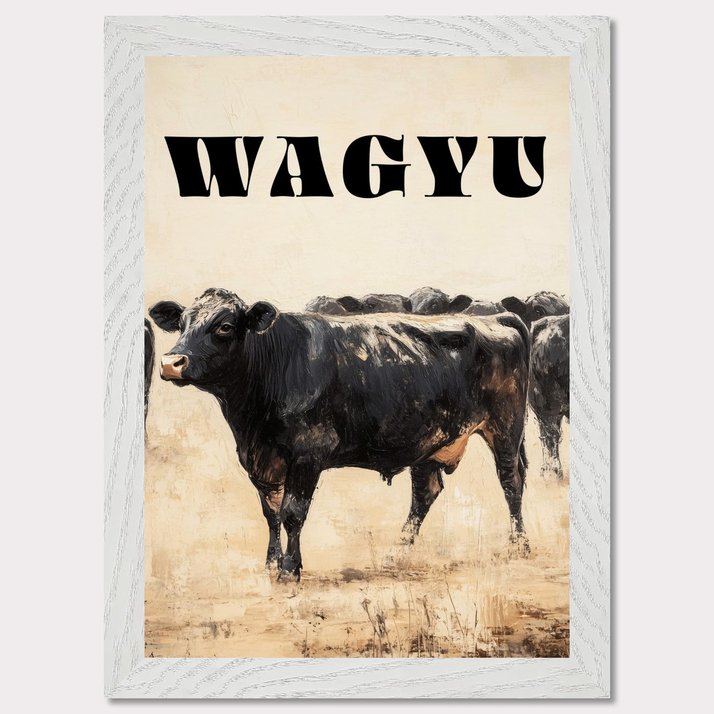 This image features a striking illustration of a Wagyu cow standing prominently in the foreground. The word "WAGYU" is boldly displayed at the top in large, black letters. The background shows more cows, adding depth to the scene.