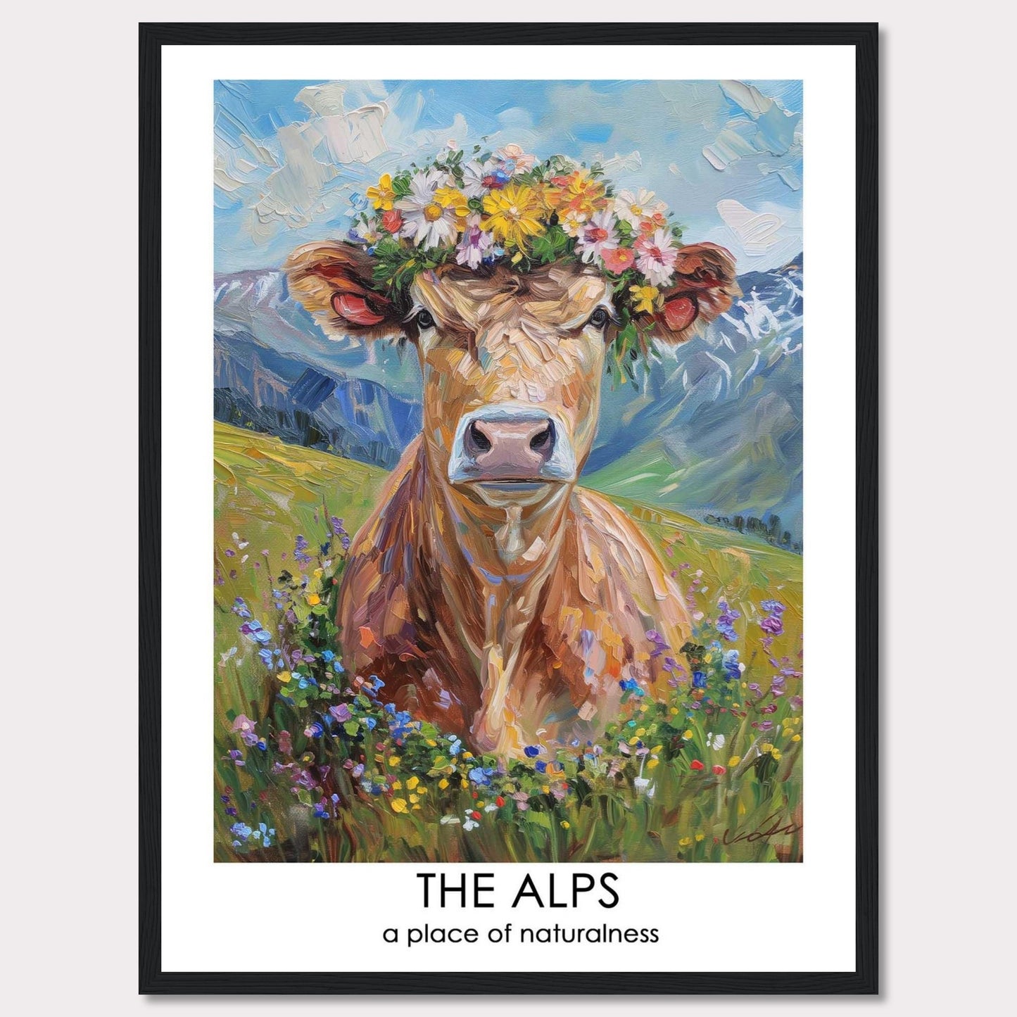 This vibrant artwork depicts a cow adorned with a colorful flower crown, set against the stunning backdrop of the Alps. The painting captures the essence of natural beauty and tranquility.