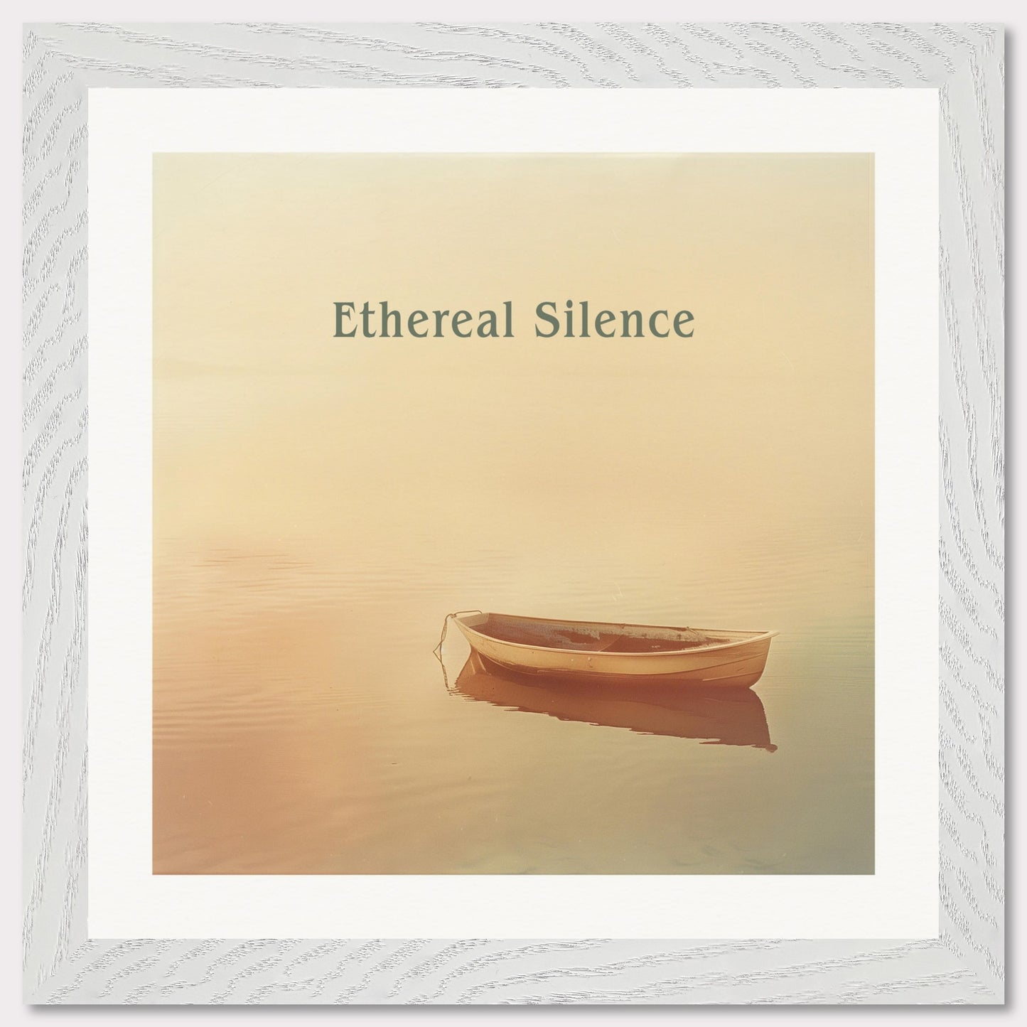 This serene photograph features a solitary rowboat gently floating on calm waters under a soft, ethereal light. The words "Ethereal Silence" are elegantly displayed above the boat, enhancing the tranquil atmosphere.