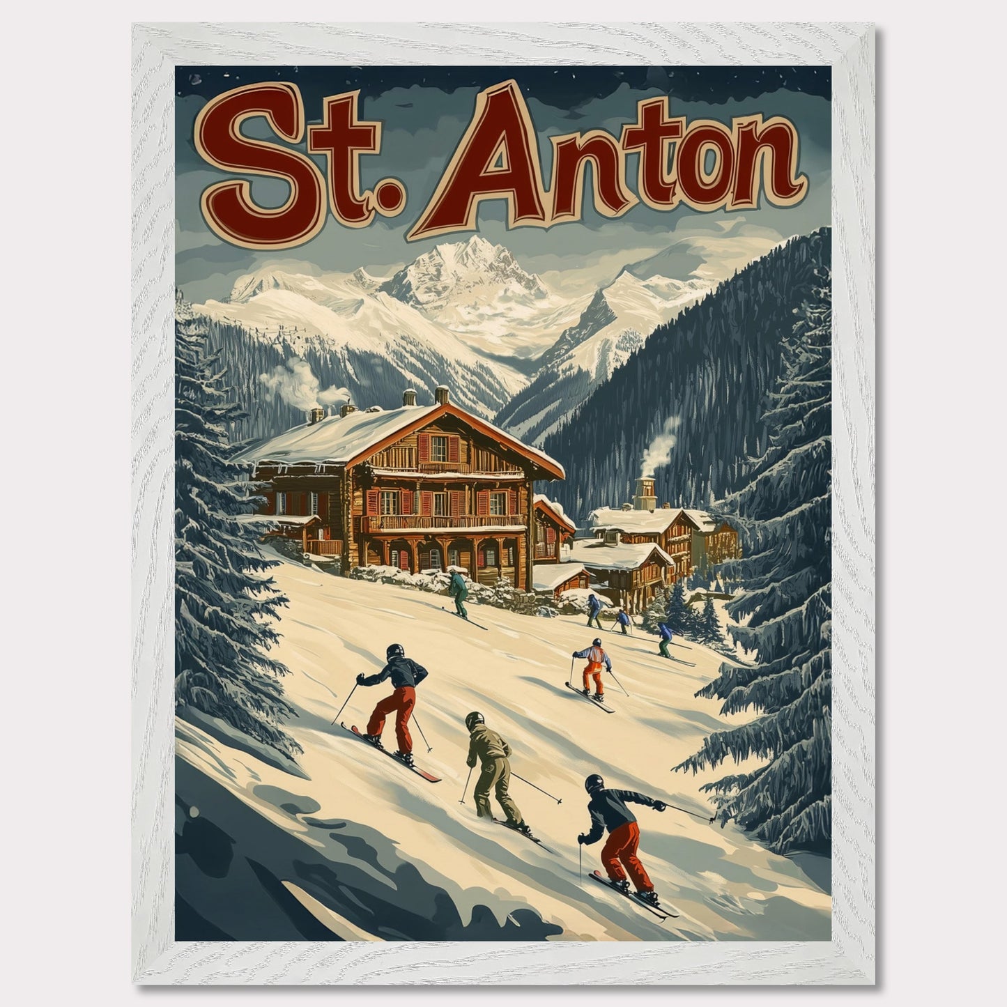 This minimalist yet striking poster captures the essence of St. Anton's alpine charm through its dynamic composition and vintage-inspired design. At the heart of the image is a group of skiers gracefully descending the snowy slopes, framed by towering evergreens and a cozy wooden chalet. The vibrant yet balanced color palette enhances the lively appeal, blending a sense of adventure and winter serenity.