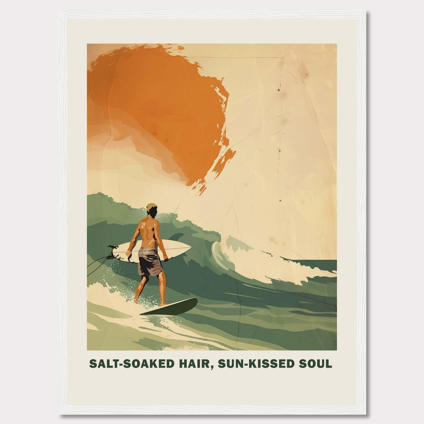 This vibrant poster showcases a surfer riding a wave with the sun setting in the background. 