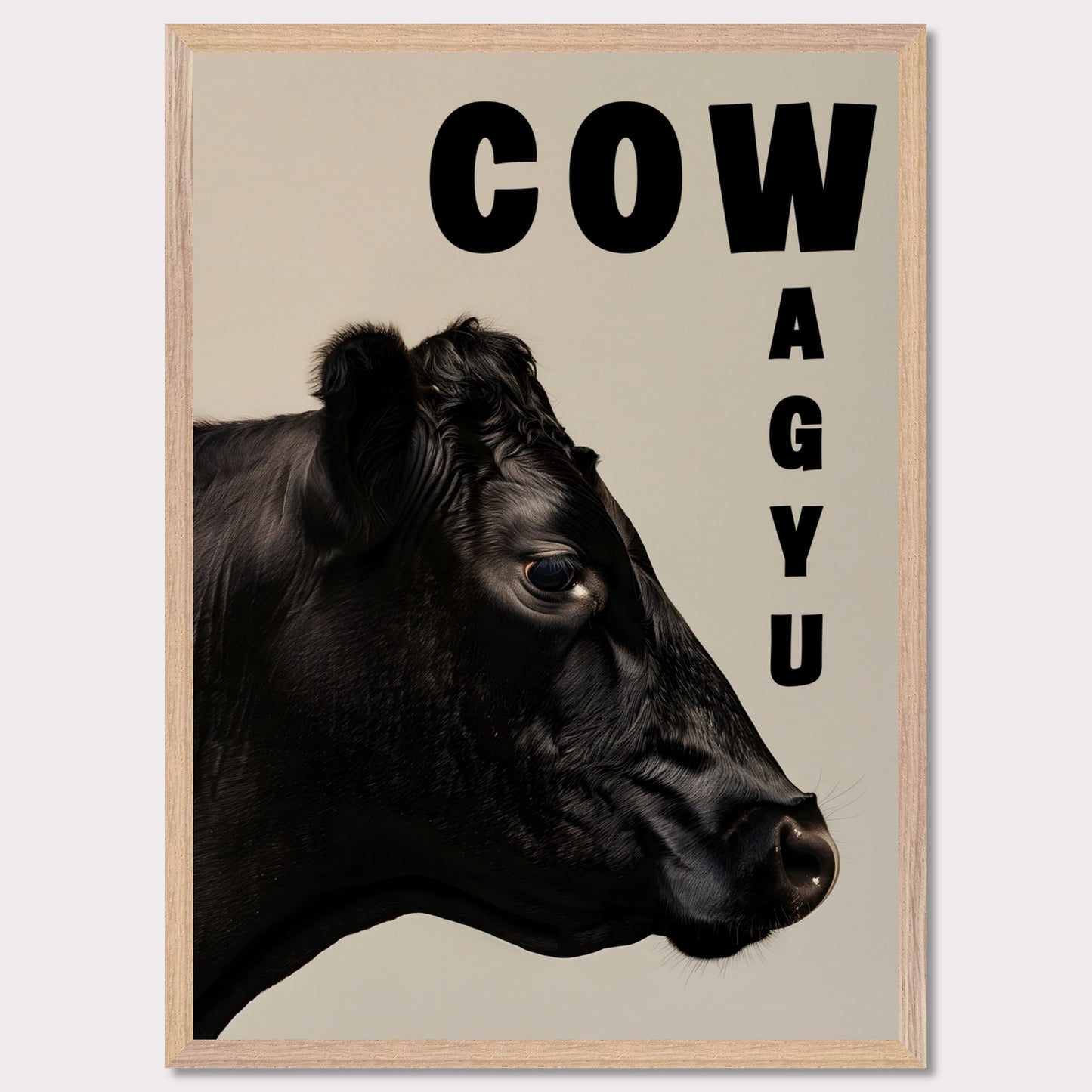 This image features a close-up profile of a black cow against a neutral background. The word "COW" is prominently displayed in bold black letters at the top, while the word "WAGYU" is arranged vertically on the right side.