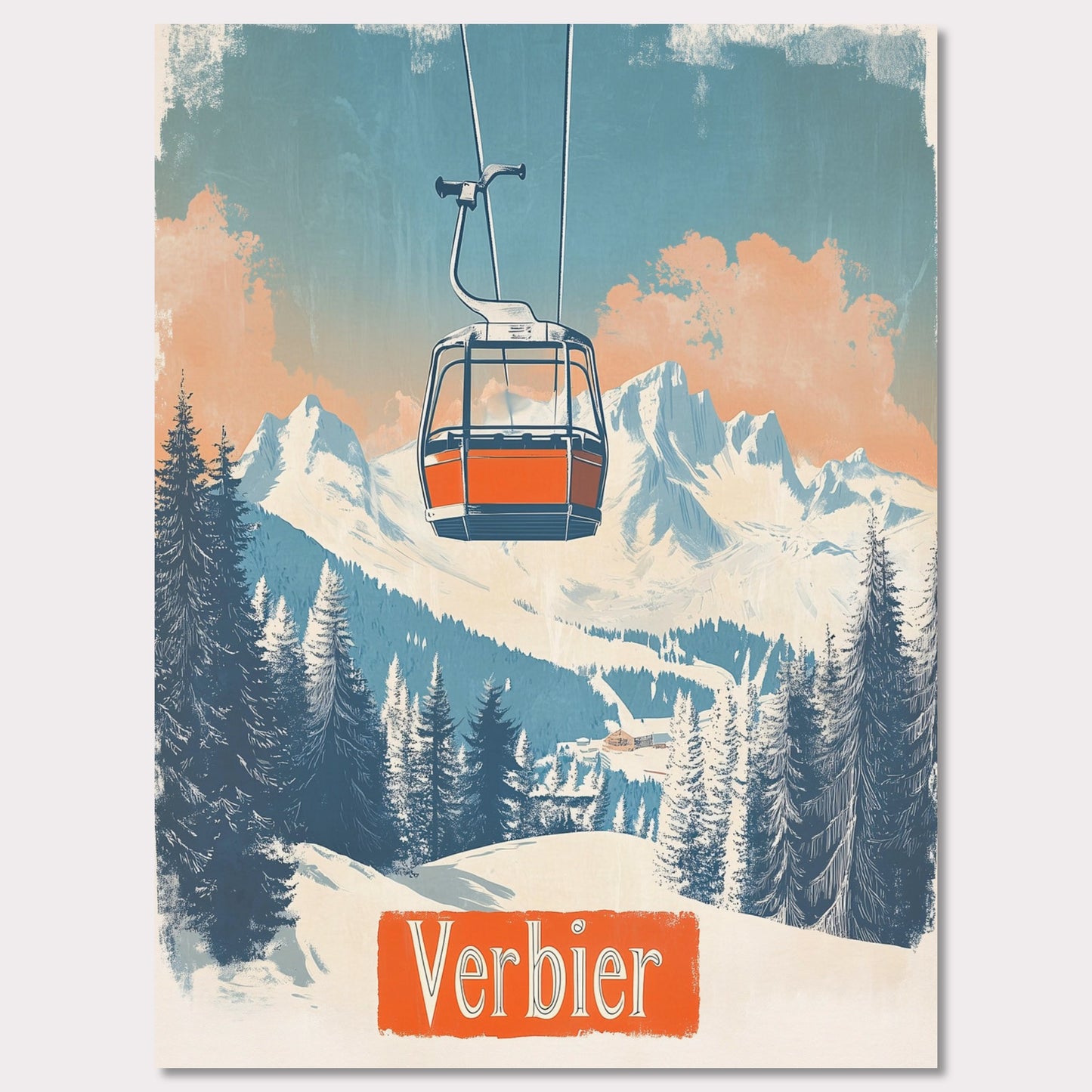 This picturesque retro-inspired poster showcases a vibrant orange gondola gracefully ascending the snowy mountainside of Verbier. The tranquil beauty of the landscape is captured with soft pastel tones in the sky, complemented by the rugged peaks in the distance. The modern gondola stands in contrast to the pristine, snow-covered trees, evoking a sense of peaceful adventure and the journey to the mountain’s summit. The vintage art style enhances the nostalgic vibe of alpine exploration.