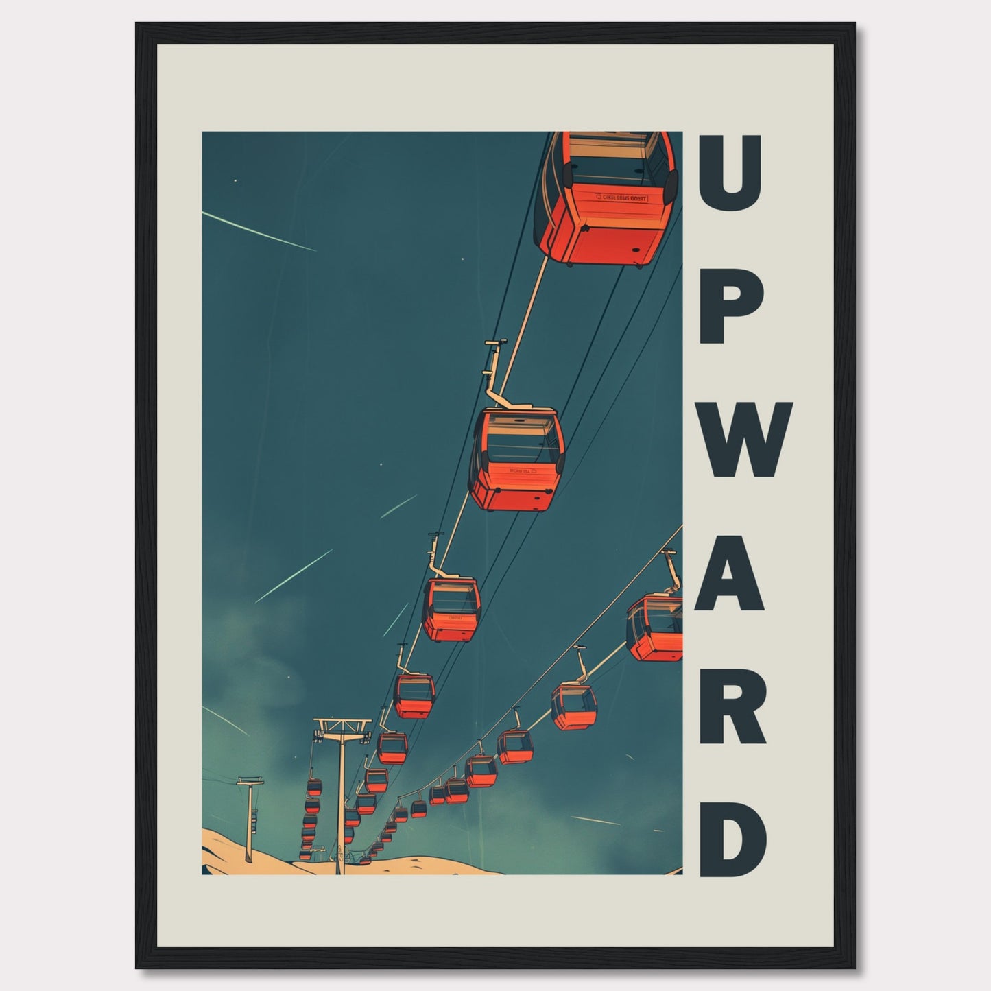 This striking artwork features a series of red cable cars ascending into a deep blue sky, evoking a sense of adventure and upward momentum. The word "UPWARD" is boldly displayed along the right side, reinforcing the theme of progress and elevation.