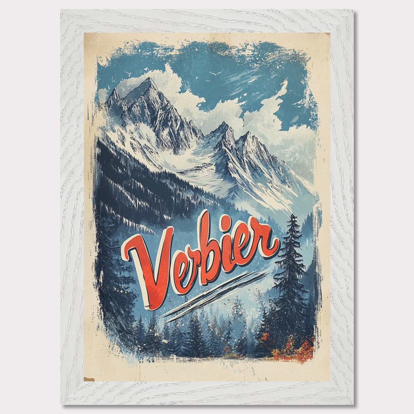 This striking vintage poster captures the breathtaking beauty of Verbier’s mountain peaks. With a bold orange and blue color palette, the image of towering snowy peaks framed by evergreen trees invites adventure and awe. The vintage typography emphasizes Verbier’s allure as a destination for both exploration and relaxation, making this an ideal representation of the Swiss Alps' majestic landscapes.