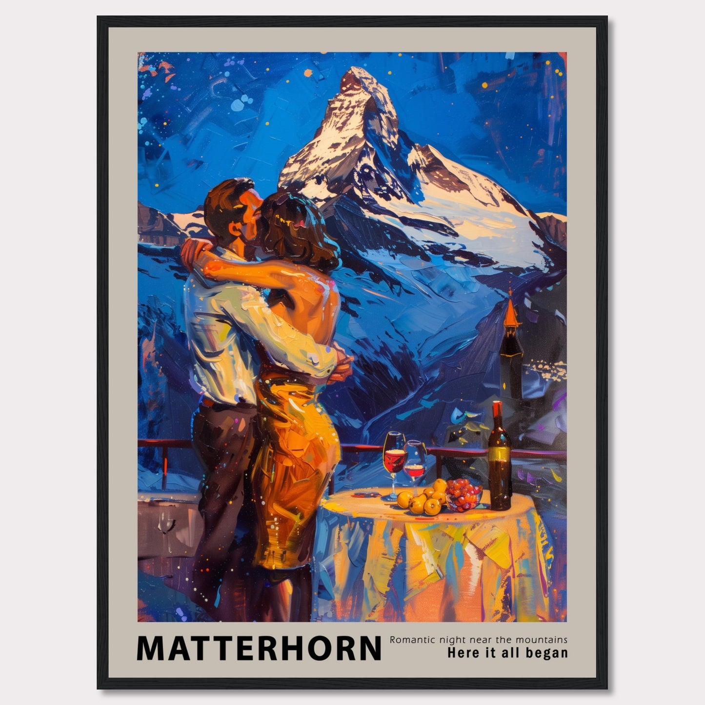 A romantic painting depicting a couple embracing near the Matterhorn mountain.