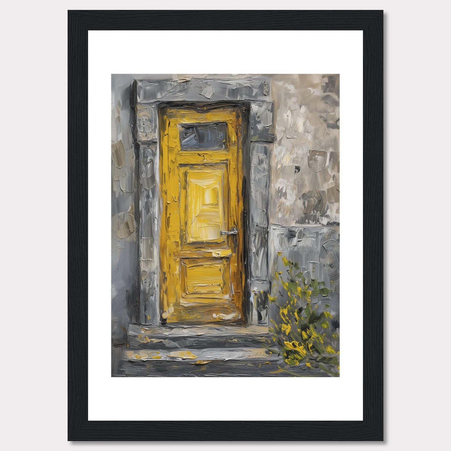 This image showcases a beautiful painting of a vibrant yellow door set within a textured, weathered stone wall. The artwork captures the rustic charm and character of an old building, with hints of greenery peeking through at the bottom right corner.