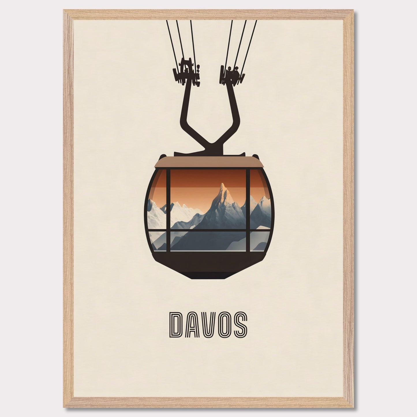 A striking minimalist poster featuring a cable car with a breathtaking view of the Swiss Alps. The warm tones contrast with the cool mountain peaks, evoking the excitement of alpine adventures.