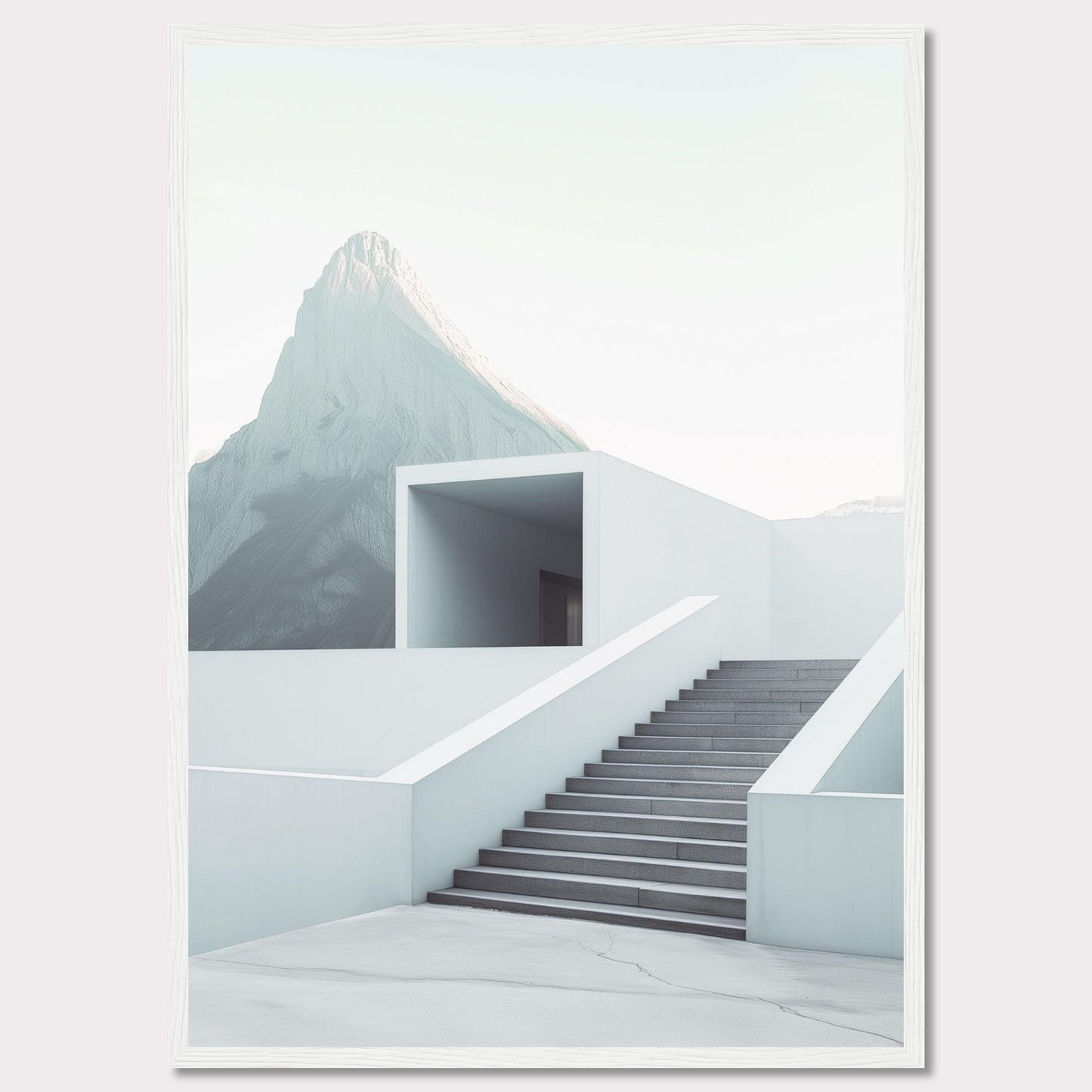 This minimalist artwork features a serene mountain backdrop with a modern architectural staircase leading to a simple, open structure. The clean lines and soft color palette evoke a sense of tranquility and sophistication.