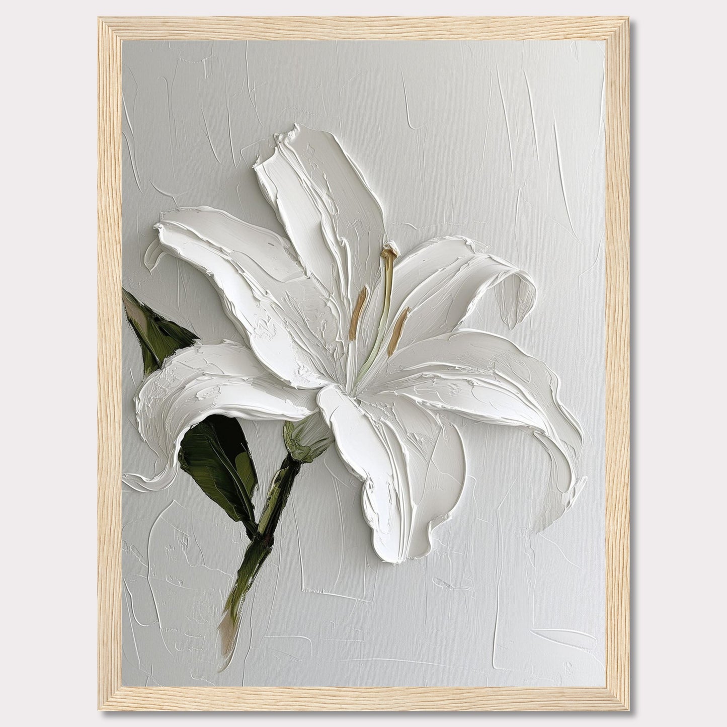 This image showcases a stunning textured painting of a white lily, elegantly framed in black. The thick brushstrokes add depth and dimension to the petals, creating a lifelike appearance. The background is kept minimal, allowing the flower to be the focal point.