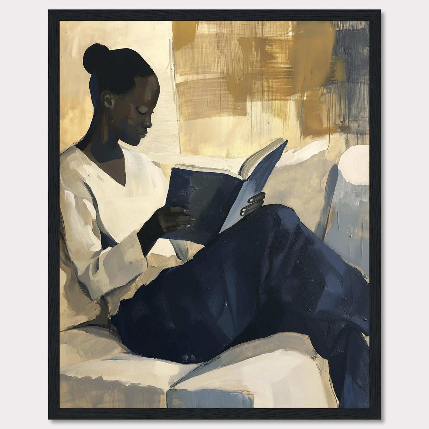 This painting captures a serene moment of a woman deeply engrossed in a book. The artwork uses a muted color palette with shades of beige, blue, and gold, creating a calm and contemplative atmosphere.