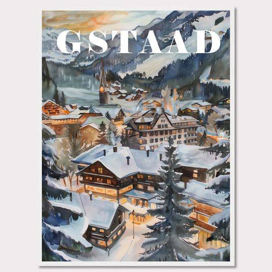 This image showcases a beautiful winter scene of Gstaad, a picturesque village nestled in the Swiss Alps. The painting captures the charm of snow-covered chalets, pine trees, and a serene mountainous backdrop under a soft evening sky.