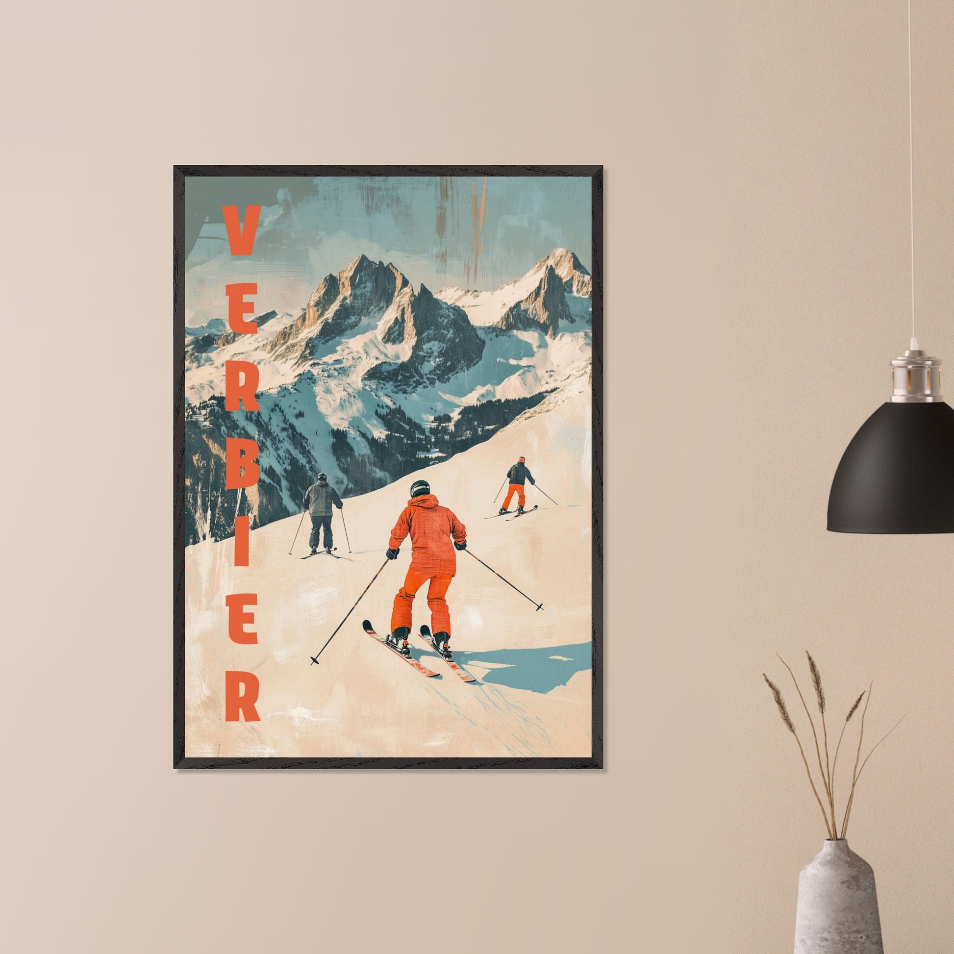 This retro-inspired poster vividly captures the exhilarating spirit of skiing in Verbier. A group of skiers clad in bold orange descends a pristine alpine slope, set against the majestic backdrop of rugged, snow-covered peaks. The textured vintage art style and muted color palette evoke nostalgia while celebrating the dynamic energy of winter sports.