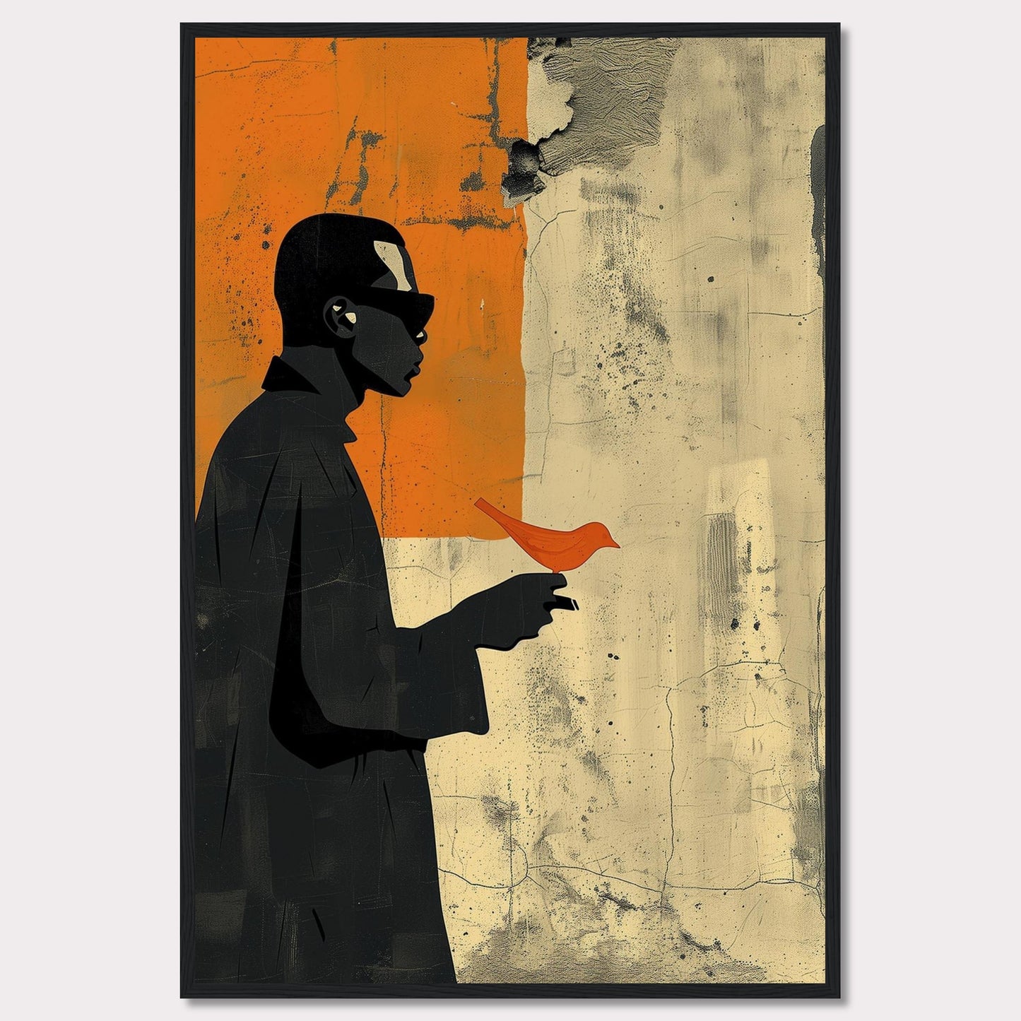 This striking artwork features a silhouette of a person holding a vibrant orange bird against a textured, abstract background. The contrast between the dark figure and the bright bird creates a powerful visual impact.