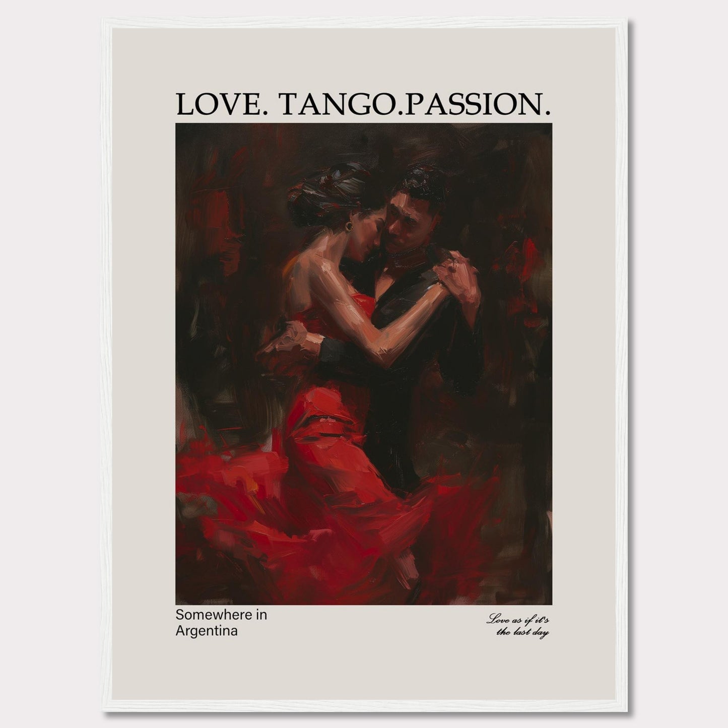 This captivating poster showcases a passionate tango dance between a couple, enveloped in deep red and black hues.