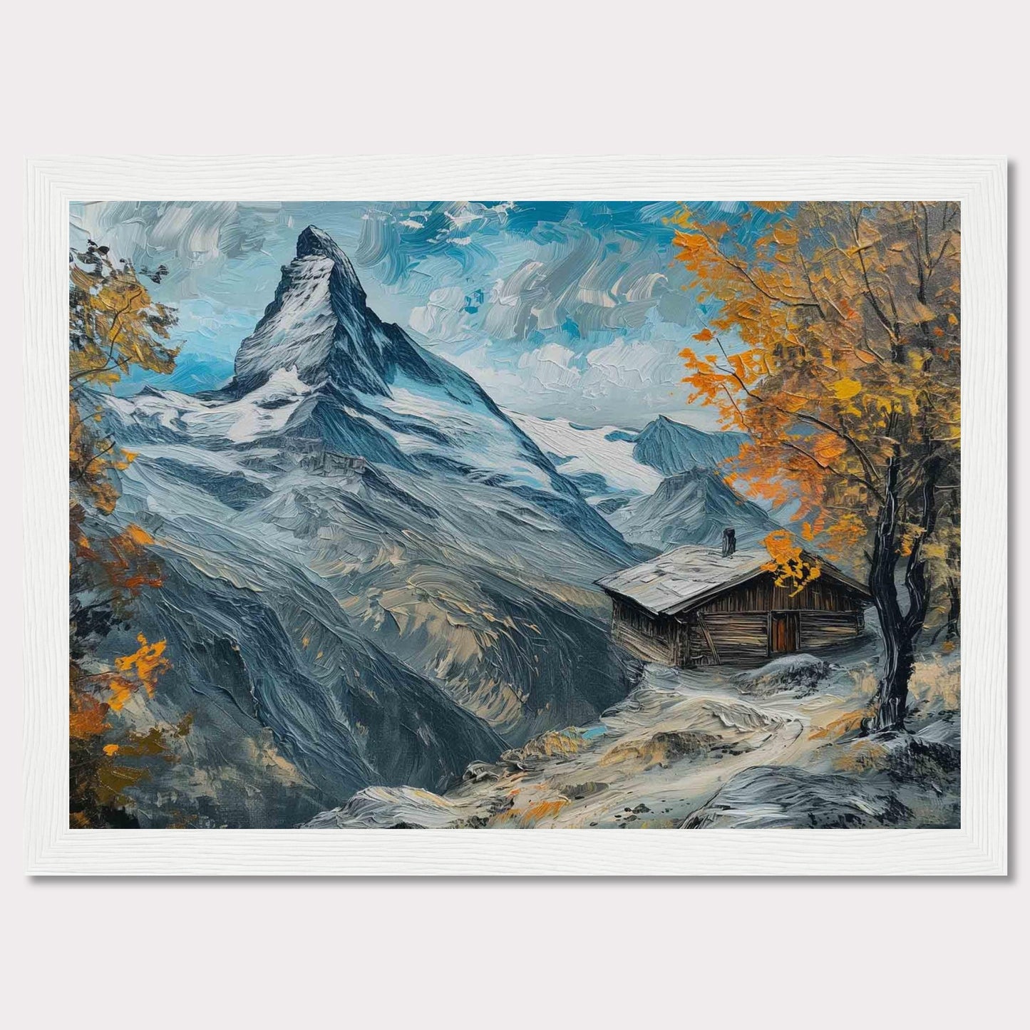 This stunning painting captures a serene mountain landscape with a quaint cabin nestled among the snow-covered peaks. The vibrant autumn foliage adds a splash of color against the majestic backdrop of towering mountains and a clear blue sky.