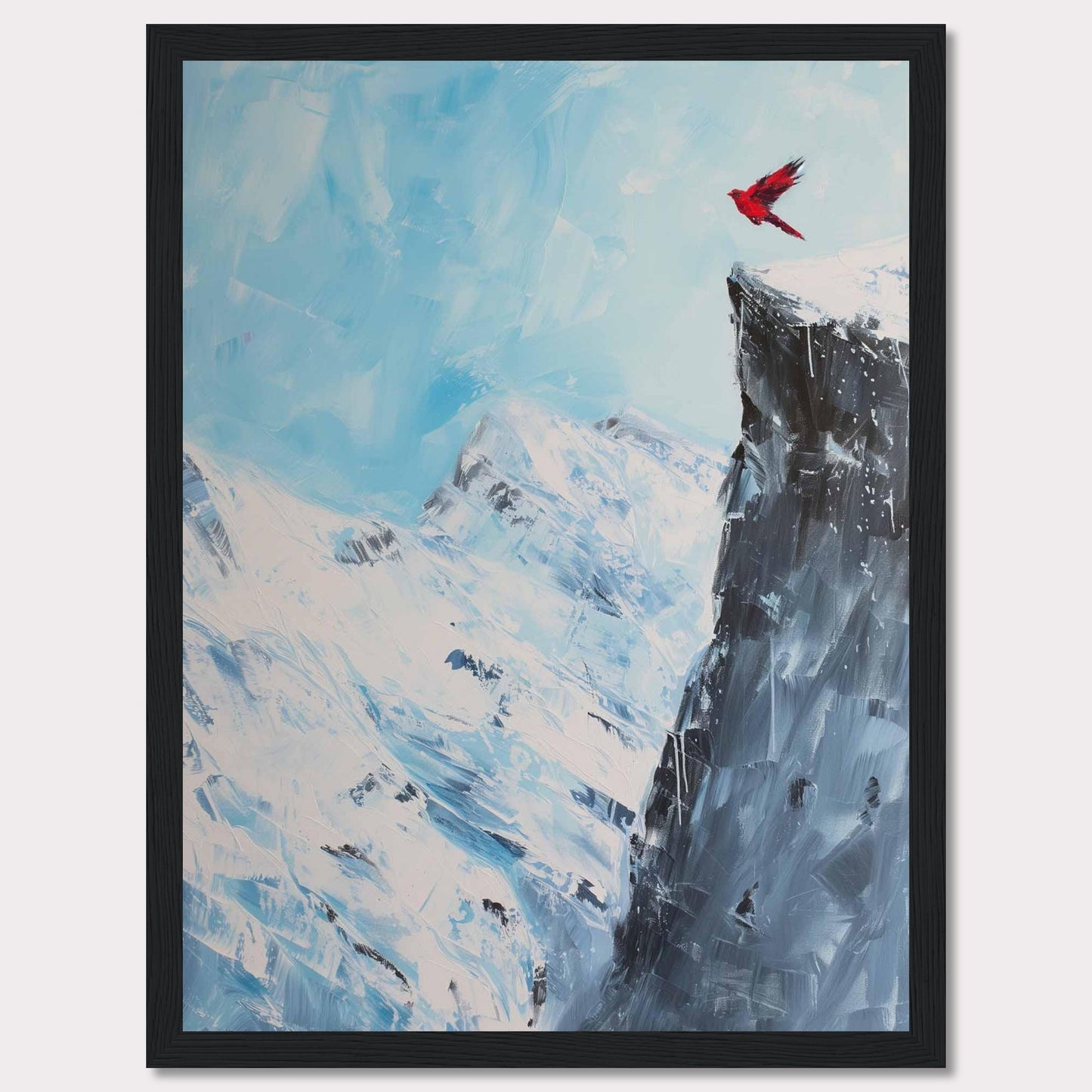 This stunning artwork captures a vibrant red bird soaring above a majestic snow-covered mountain peak, set against a serene blue sky. The contrast between the vivid bird and the icy landscape creates a striking visual impact.