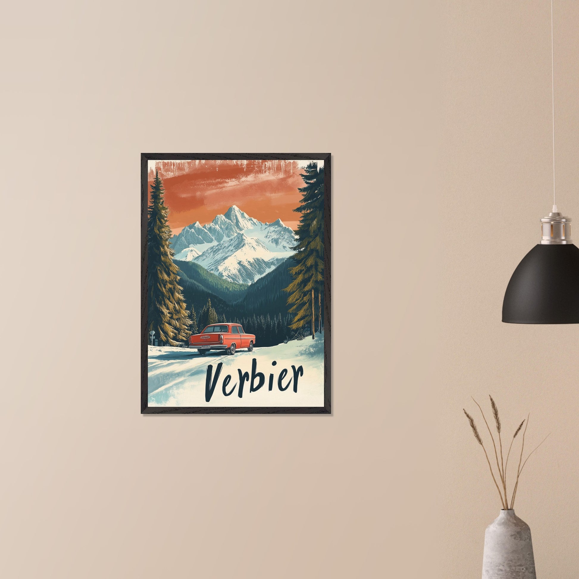 This striking retro-style poster depicts a vintage car driving through a snowy mountain landscape in Verbier. The red car stands out against the backdrop of majestic, snow-covered peaks and towering trees, with the warm orange hues of the sky adding to the nostalgic vibe. The vintage typography and artistic style evoke the allure of road trips through the Swiss Alps, offering a sense of freedom and adventure in a winter wonderland.