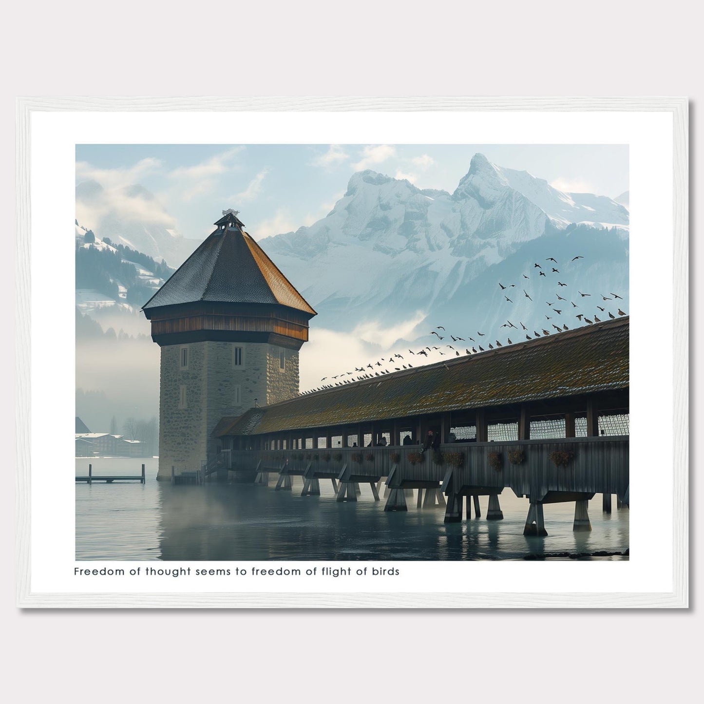 This captivating photo showcases a serene scene featuring a historic tower and a covered wooden bridge over calm waters, with majestic snow-capped mountains in the background. A flock of birds is seen soaring freely in the sky, adding a sense of movement and freedom to the tranquil setting.