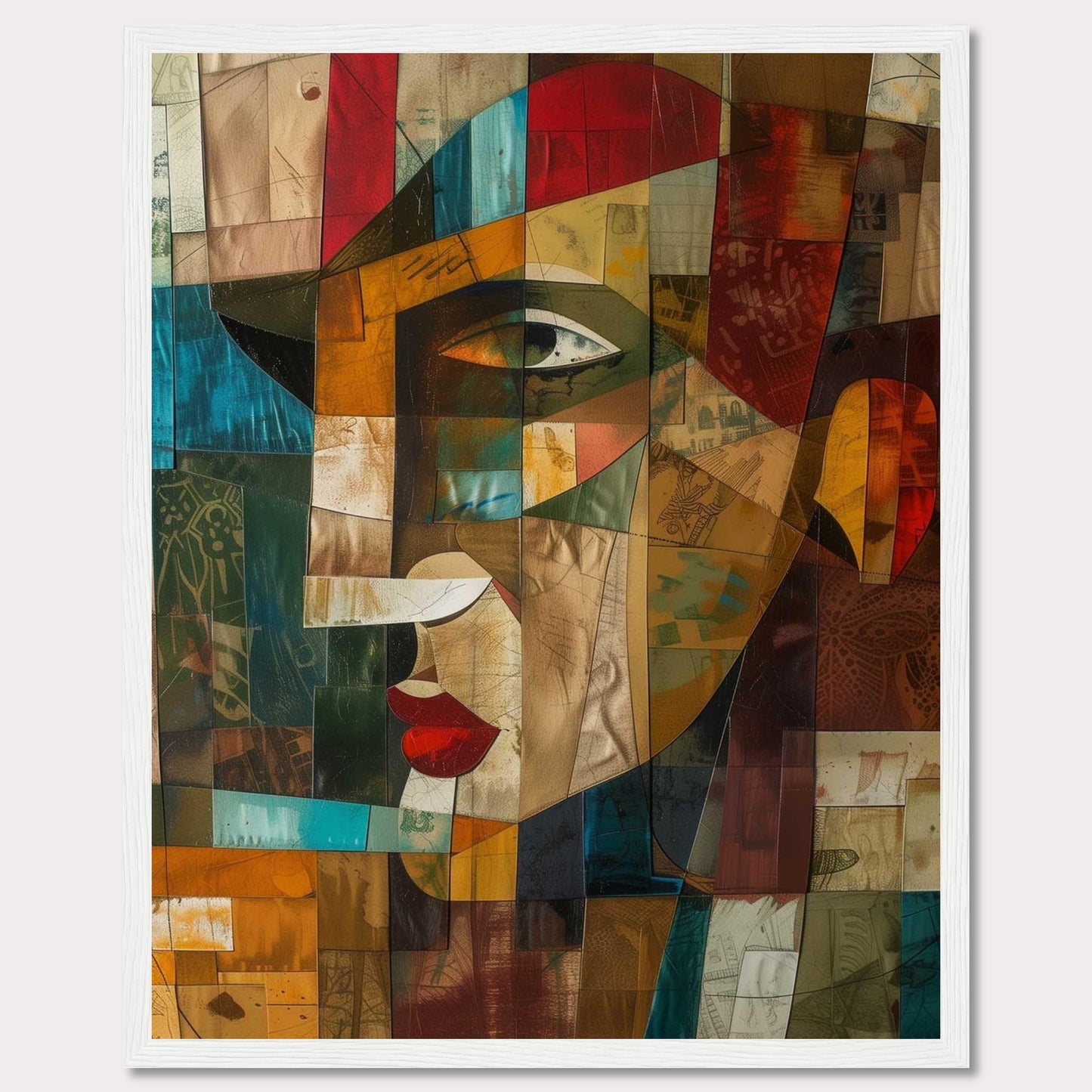 This captivating artwork features a cubist-style portrait, blending vibrant colors and geometric shapes to create a striking visual. The image showcases an abstract face with prominent red lips, a sharp nose, and expressive eyes.