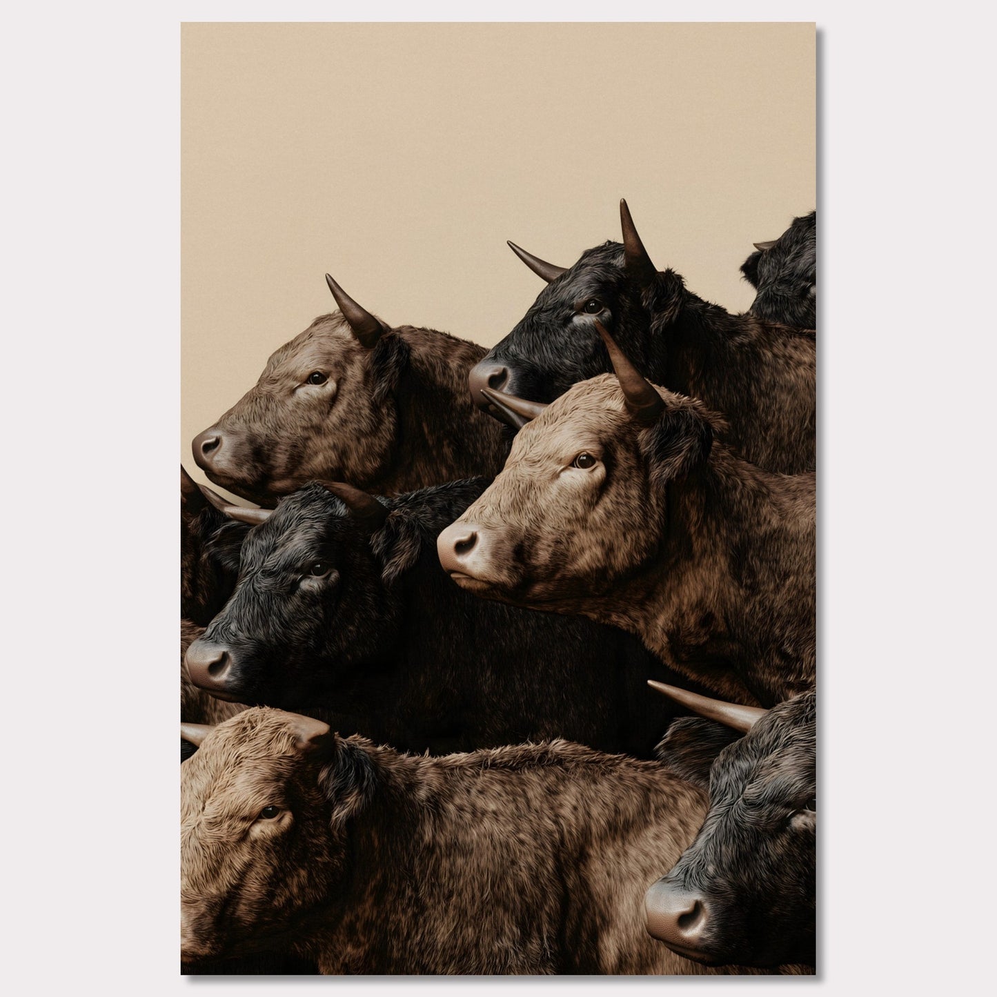 This illustration depicts a group of oxen with varying shades of brown and black fur, closely packed together against a plain beige background.

This poster will fit well in rustic or farmhouse-style interiors, animal-themed spaces, or art collections focusing on wildlife.