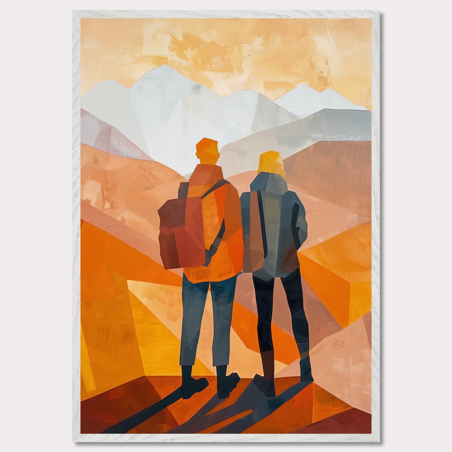 This illustration depicts two figures standing side by side, gazing at a mountainous landscape.

This poster would fit well in a living room, hallway, office, or any space that benefits from artistic and inspirational decor.