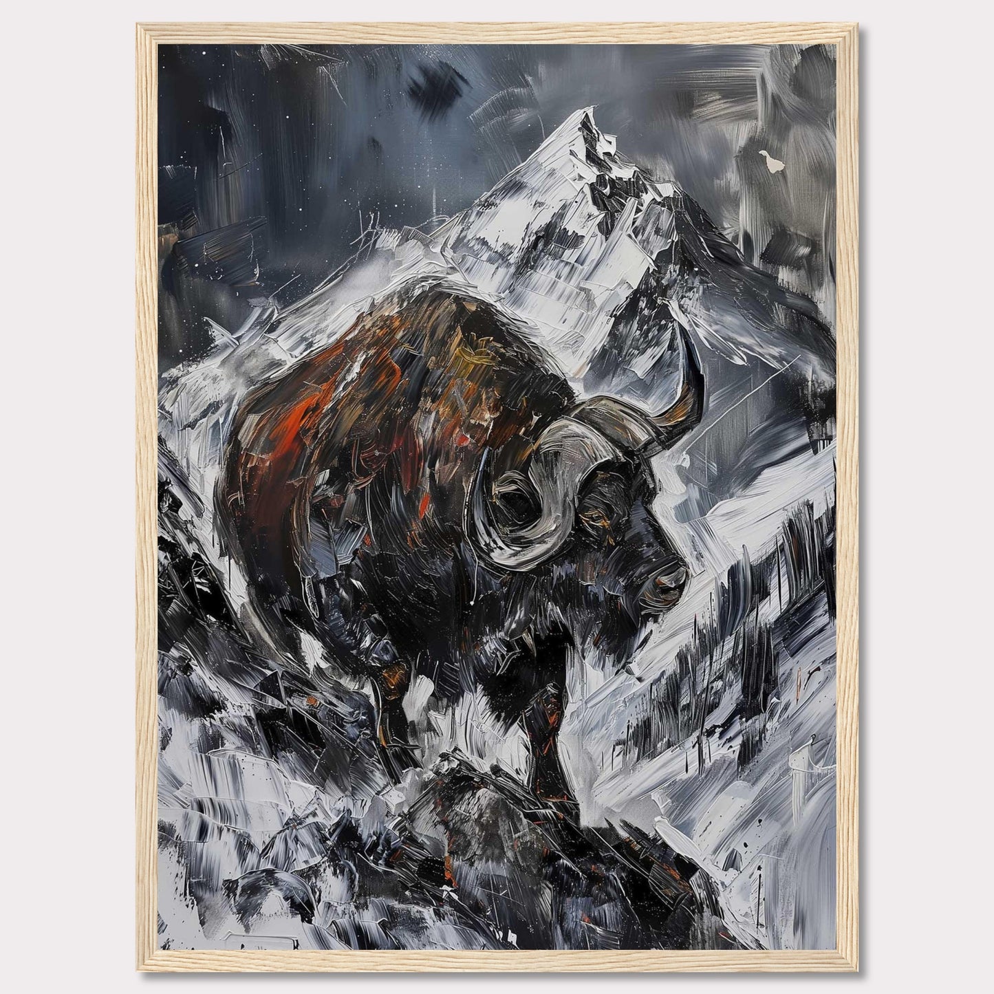 This striking painting captures the raw power of a buffalo against a dramatic mountainous backdrop. The bold brushstrokes and intense colors create a sense of movement and energy.