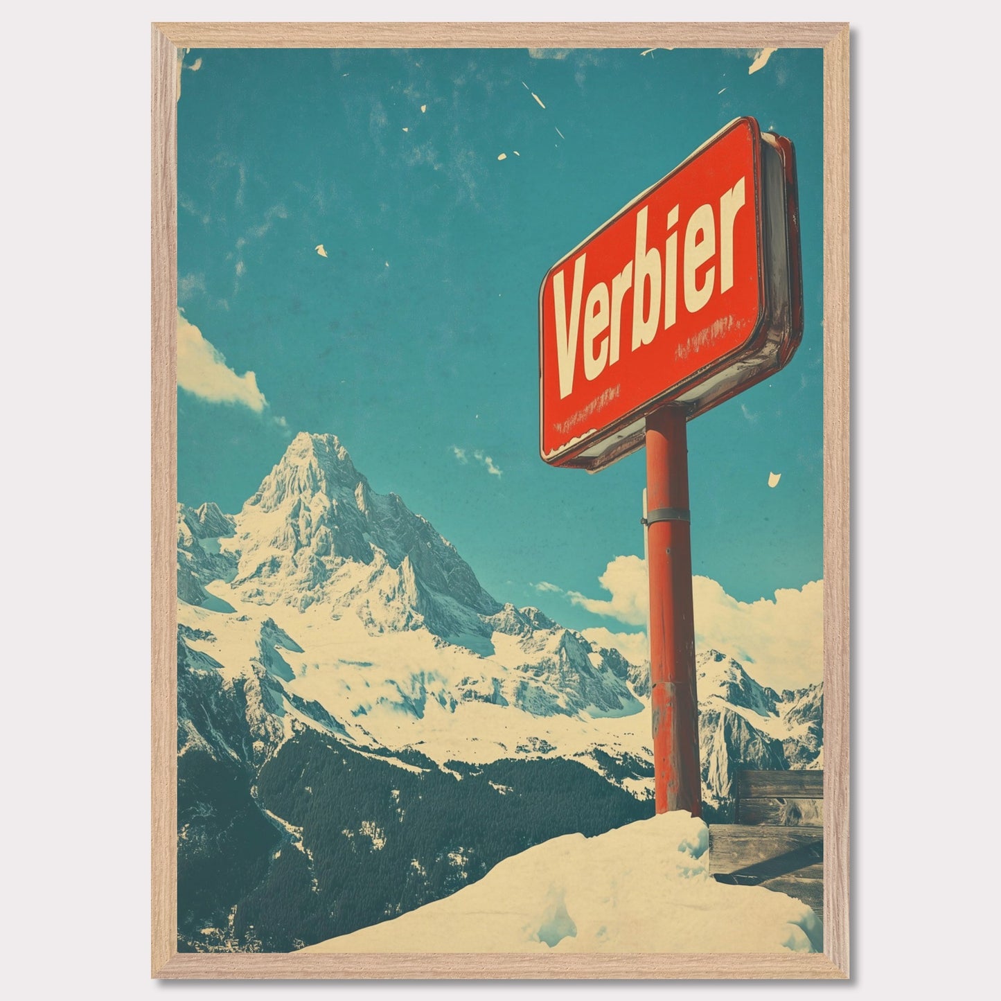 This striking retro-style poster showcases the iconic "Verbier" sign against the backdrop of towering snow-covered peaks and a bright blue sky. The rustic sign, partially worn by time, perfectly complements the expansive, untouched wilderness of the Swiss Alps. The vintage color palette and texture evoke a sense of nostalgia, capturing the allure of Verbier as a timeless destination for adventure and escape into nature’s beauty.