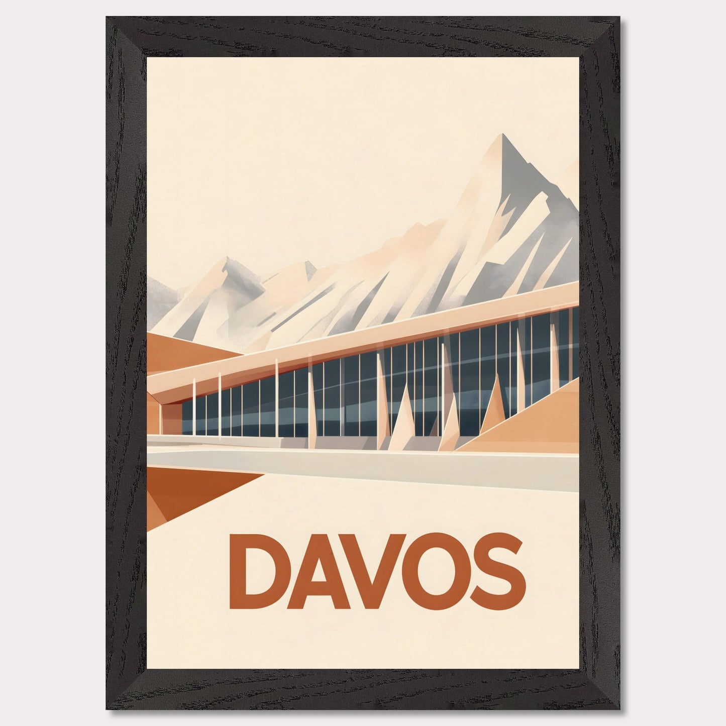 An artistic depiction of Davos, where a contemporary structure stretches along the base of snow-covered peaks. The smooth design of the building complements the sharp mountain ridges, creating a stunning contrast.