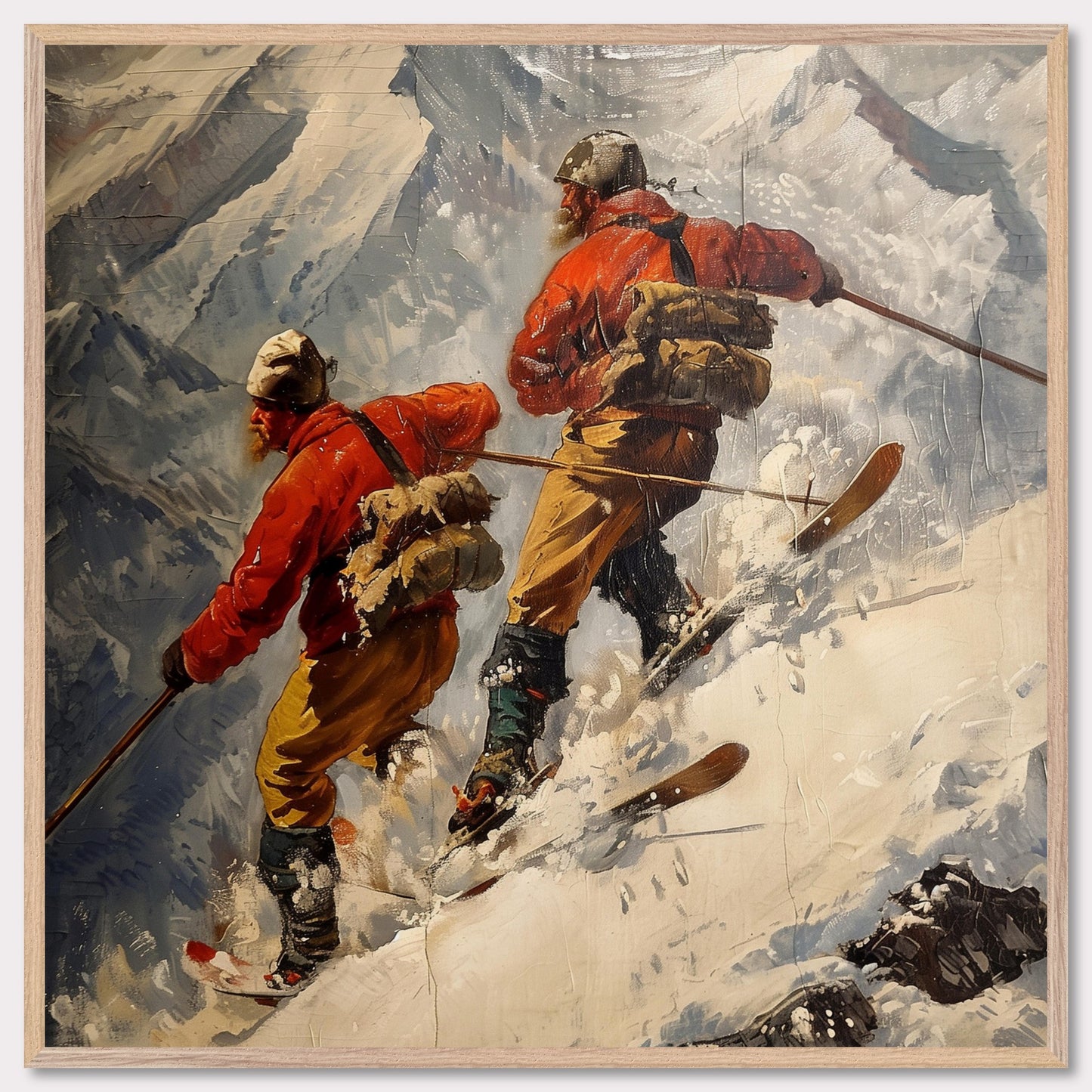 This captivating painting depicts two adventurers skiing down a steep, snowy mountain slope. They are dressed in bright red jackets and sturdy gear, emphasizing their readiness for the harsh conditions. The rugged mountain landscape in the background highlights the challenge and thrill of their descent.