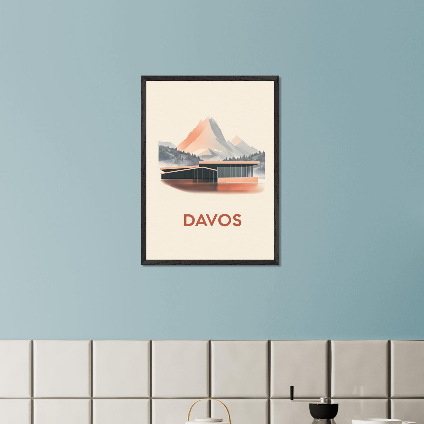 A refined travel poster showcasing Davos' modern architecture against breathtaking alpine peaks. The sleek lines of the building contrast harmoniously with the rugged mountains, embodying the balance between innovation and nature.