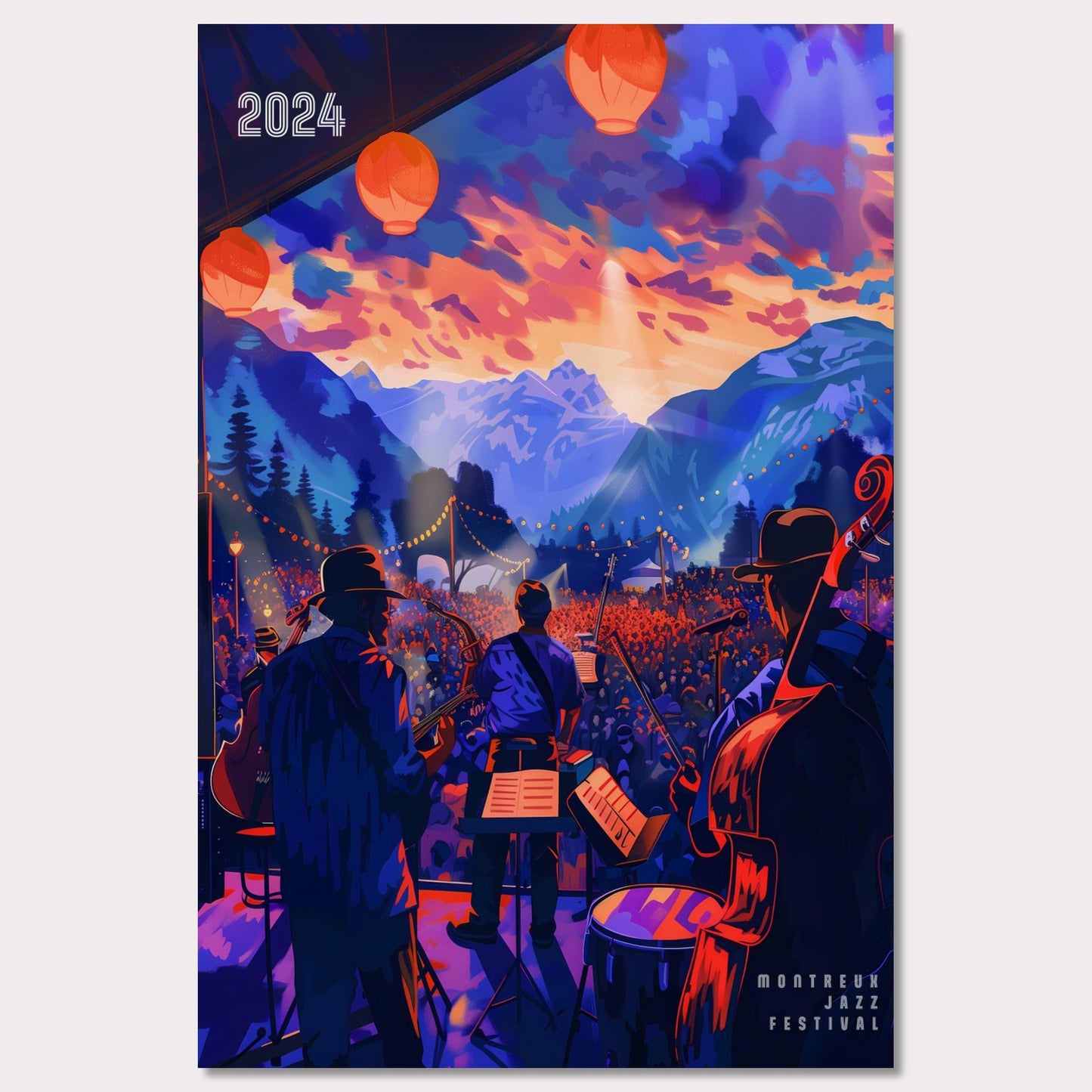 This vibrant poster depicts a lively jazz festival set against a stunning mountain backdrop. The scene is illuminated by colorful lanterns and features a band performing to a large, enthusiastic crowd. The sky is painted with dramatic hues of orange and purple, enhancing the festive atmosphere.