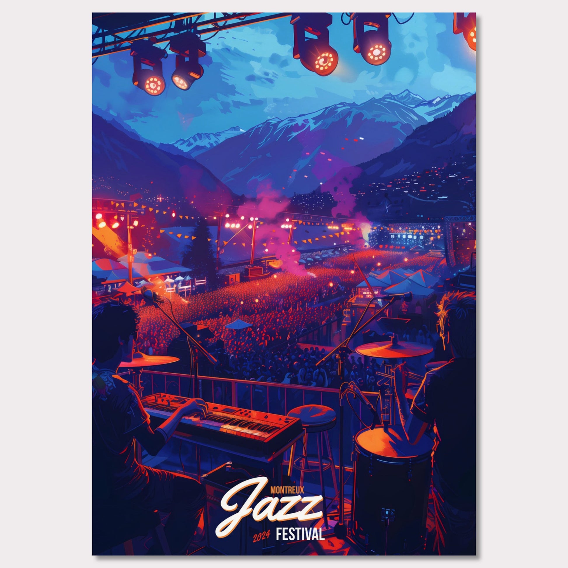 Experience the magic of the Montreux Jazz Festival 2024! This vibrant poster captures the essence of a live performance with a stunning mountain backdrop, colorful stage lights, and an enthusiastic crowd. Feel the rhythm, join the celebration, and be part of this unforgettable musical journey!