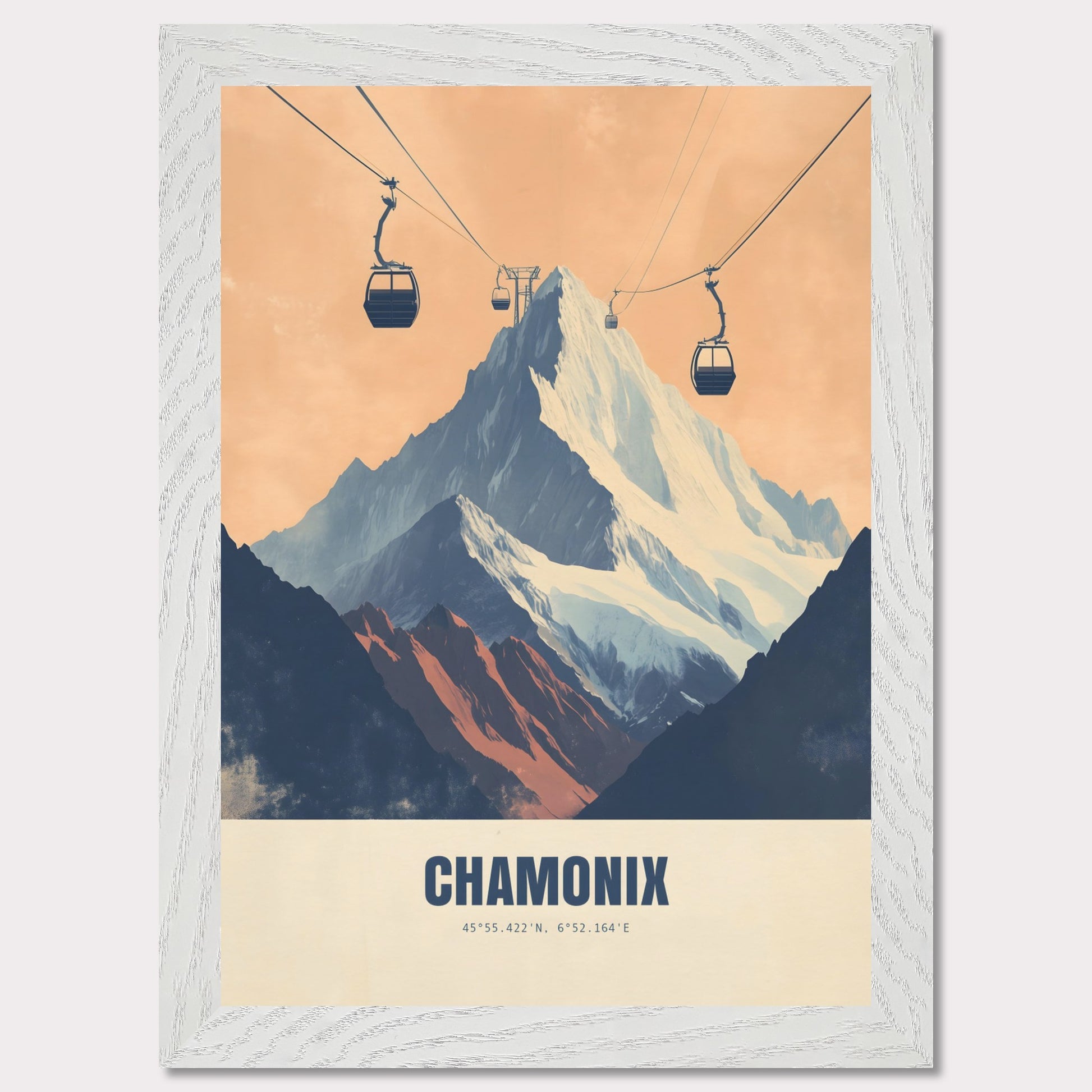 This striking poster showcases the dramatic ascent to Chamonix’s peaks, with cable cars stretching across the sky towards the snow-covered mountains. The bold contrasts between deep shadows and glowing light create an atmosphere of adventure and grandeur.