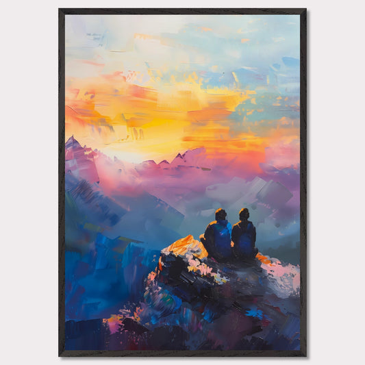 This is an illustration of two people sitting on a rocky cliff, overlooking a vibrant and colorful sunset or sunrise. The sky is painted with warm hues of orange, yellow, and pink, blending into cooler tones of blue and purple.