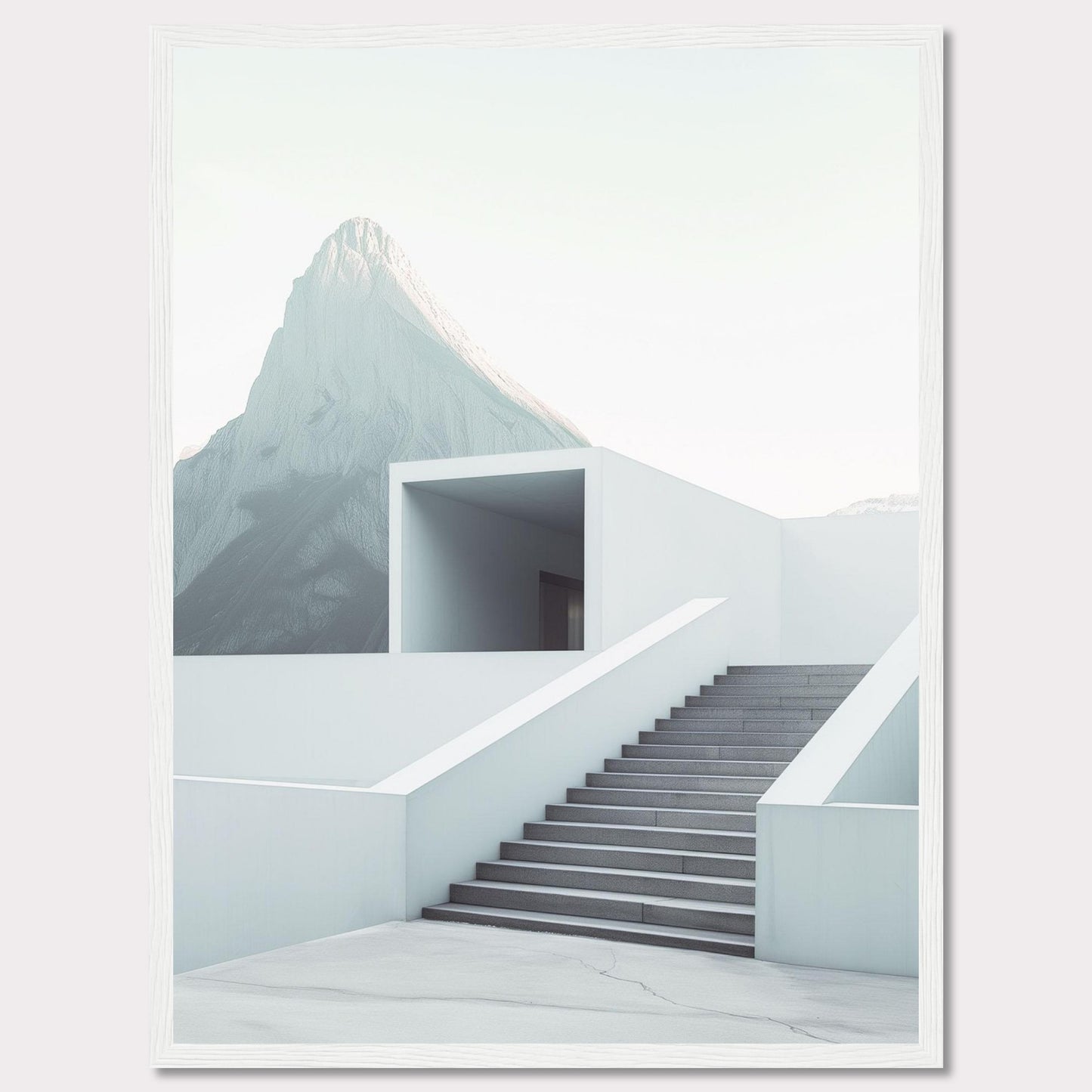 This minimalist artwork features a serene mountain backdrop with a modern architectural staircase leading to a simple, open structure. The clean lines and soft color palette evoke a sense of tranquility and sophistication.