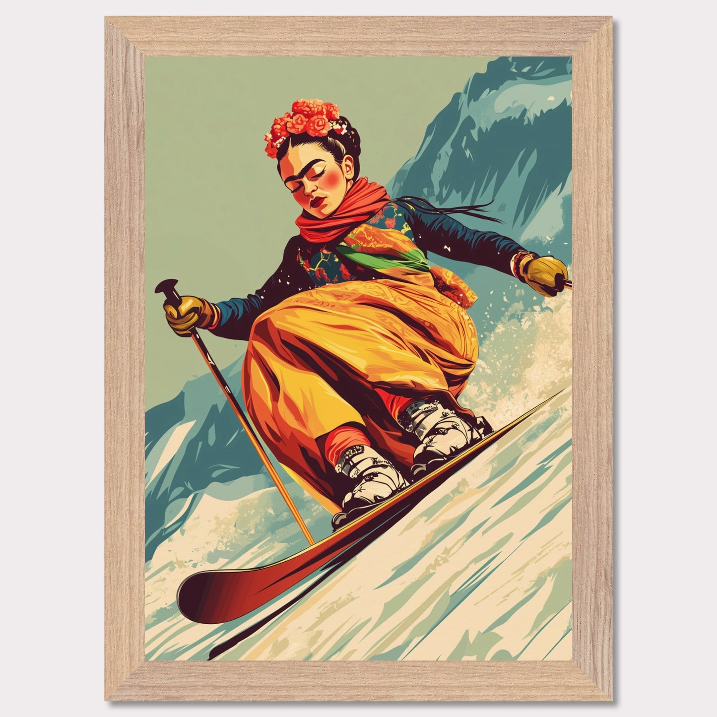 This captivating and artistic poster features Frida Kahlo skiing down a snow-covered slope, embracing both the thrill of winter sports and the vibrancy of her unique style. With a floral crown and colorful attire, Frida brings her creativity and strength to the slopes of the mountains, capturing the harmony between winter adventure and artistic expression. The retro color scheme adds to the vintage charm of the poster, making it a lively and powerful statement piece.