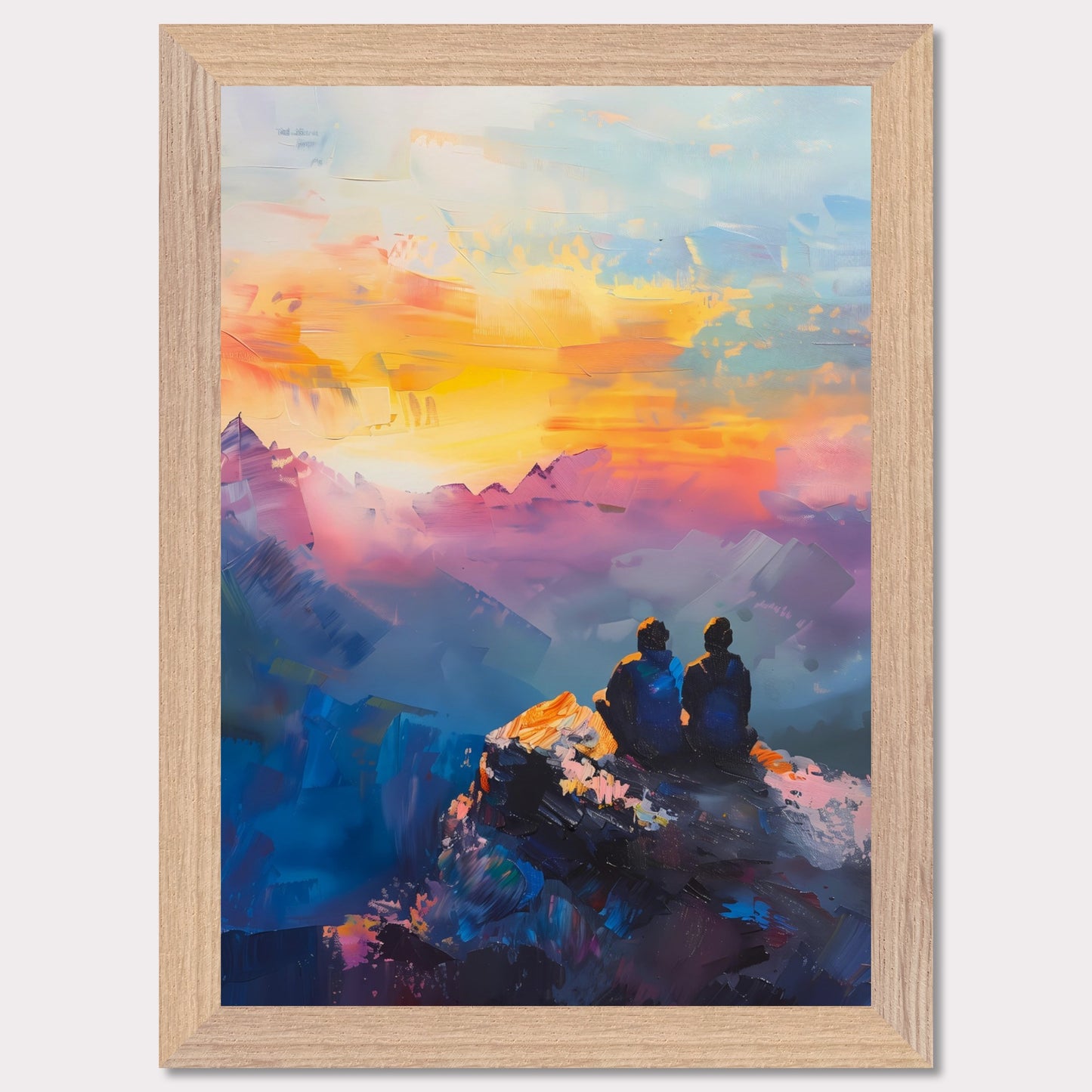 This is an illustration of two people sitting on a rocky cliff, overlooking a vibrant and colorful sunset or sunrise. The sky is painted with warm hues of orange, yellow, and pink, blending into cooler tones of blue and purple.