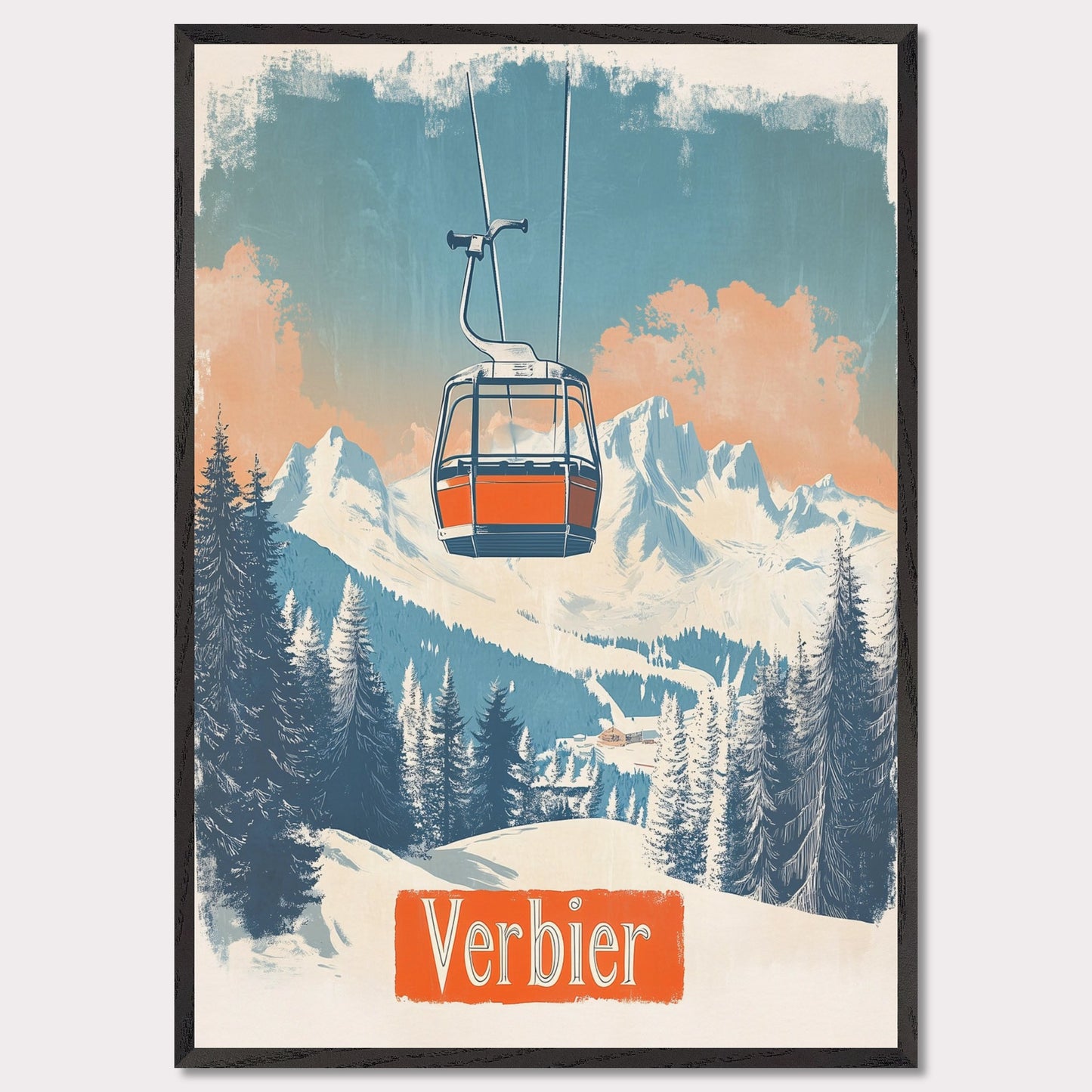 This picturesque retro-inspired poster showcases a vibrant orange gondola gracefully ascending the snowy mountainside of Verbier. The tranquil beauty of the landscape is captured with soft pastel tones in the sky, complemented by the rugged peaks in the distance. The modern gondola stands in contrast to the pristine, snow-covered trees, evoking a sense of peaceful adventure and the journey to the mountain’s summit. The vintage art style enhances the nostalgic vibe of alpine exploration.