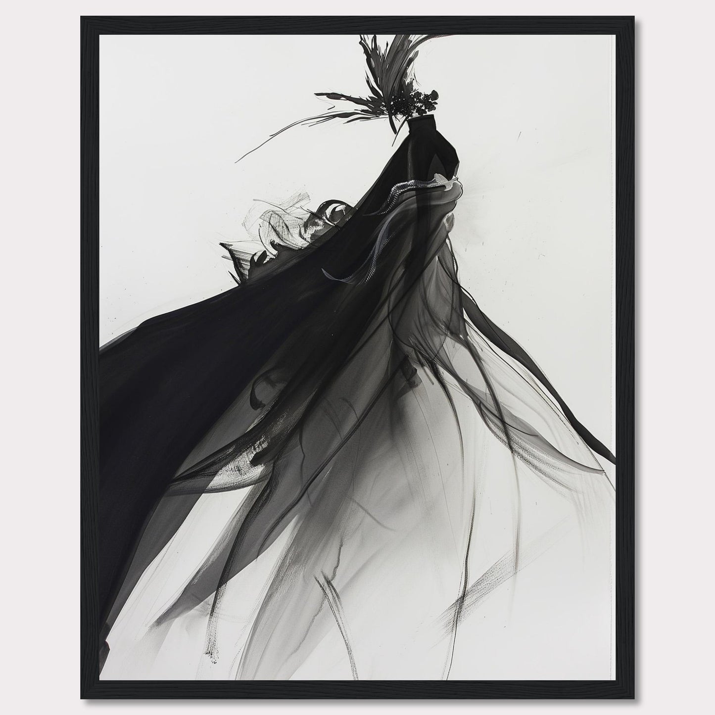 This captivating artwork features a fluid, abstract depiction of a black swan in motion, rendered in striking black and white tones. The swan is adorned with a dramatic headpiece and flowing plumage that create a sense of elegance and movement.