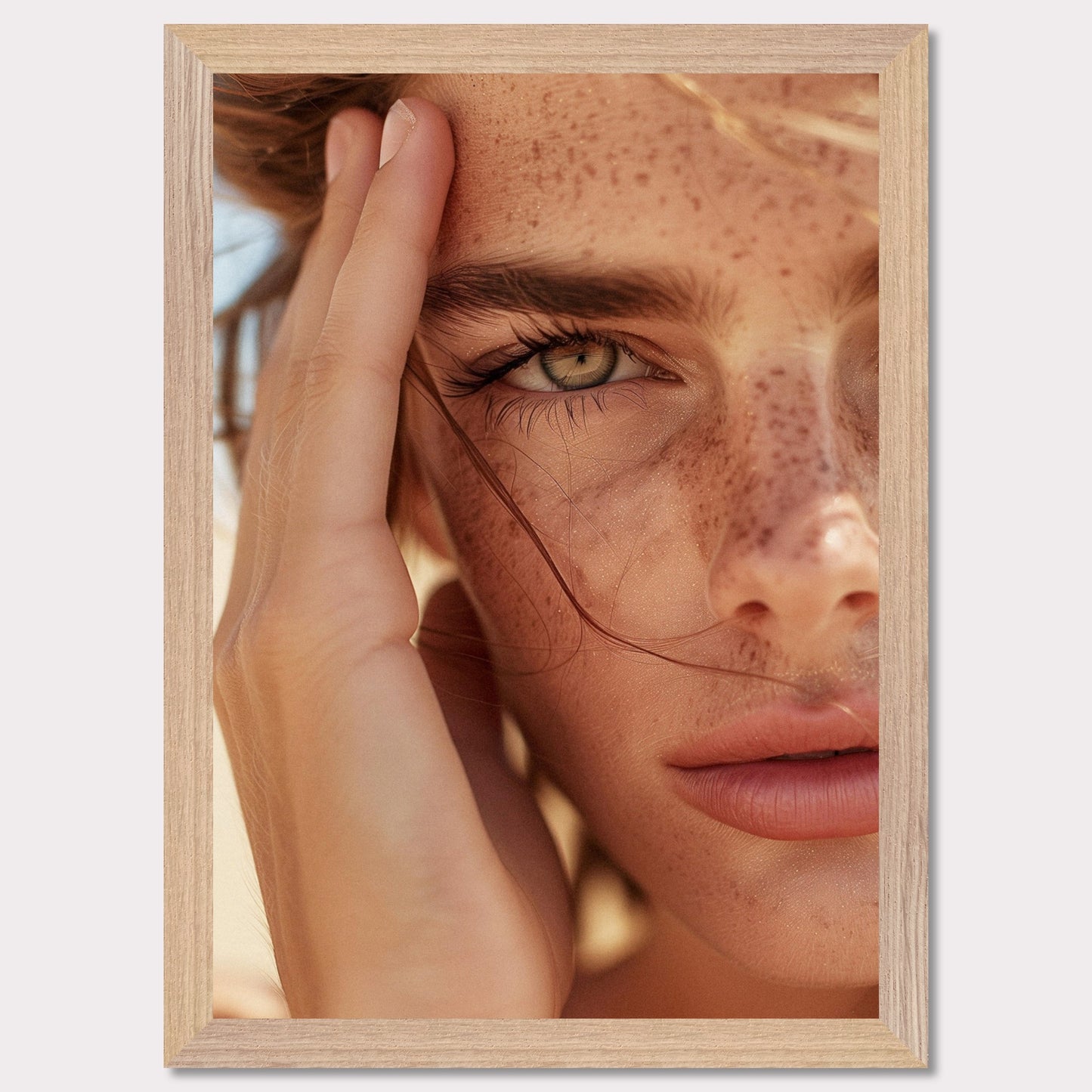 This captivating close-up portrait showcases the natural beauty of a person with freckles and an intense gaze.