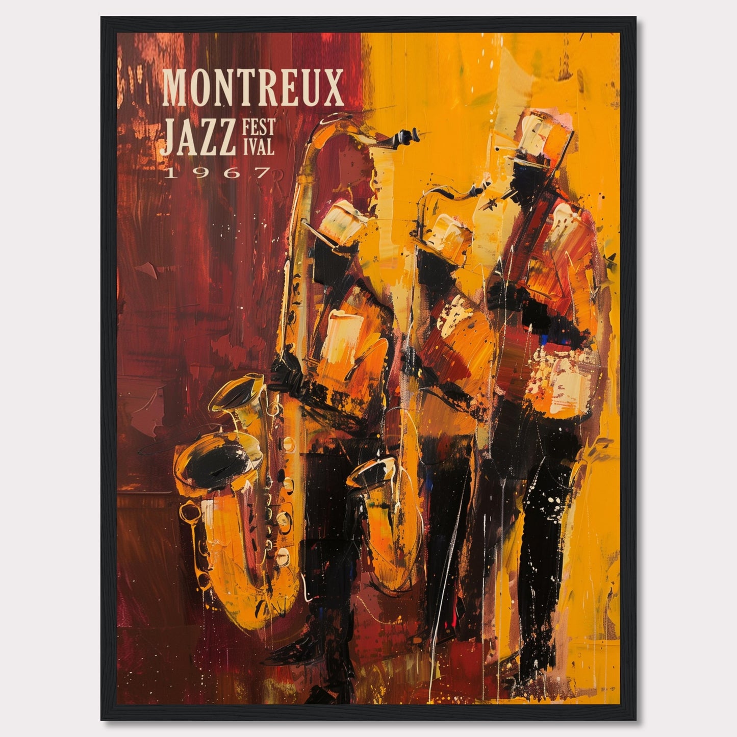 This vibrant art poster showcases the Montreux Jazz Festival from 1967. The artwork features an abstract depiction of three jazz musicians passionately playing their instruments, with rich hues of red, yellow, and orange capturing the dynamic energy of the performance.