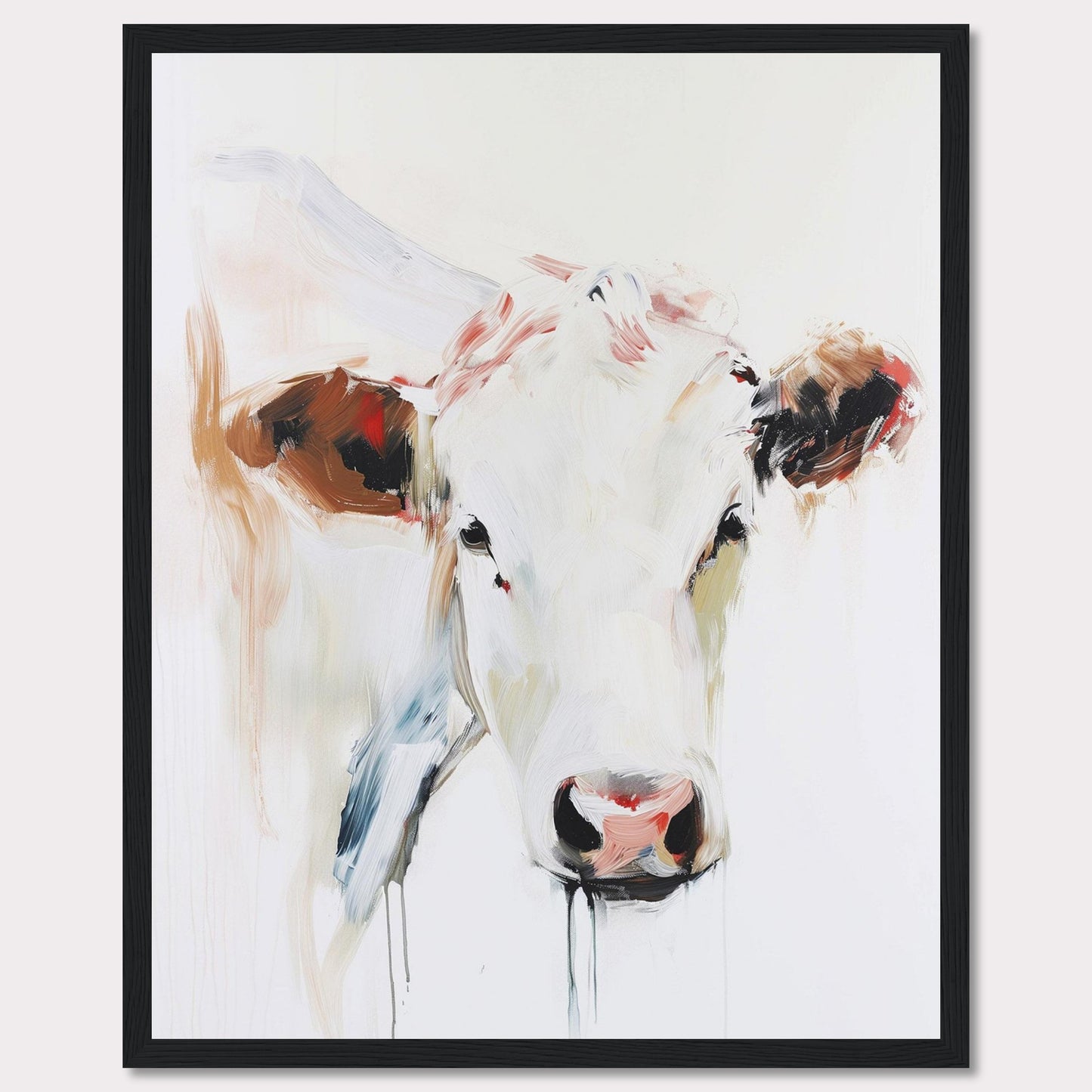 This captivating painting features a close-up of a cow's face, rendered in a modern abstract style. The artwork uses bold brush strokes and a blend of soft and vibrant colors to create a striking visual impact.